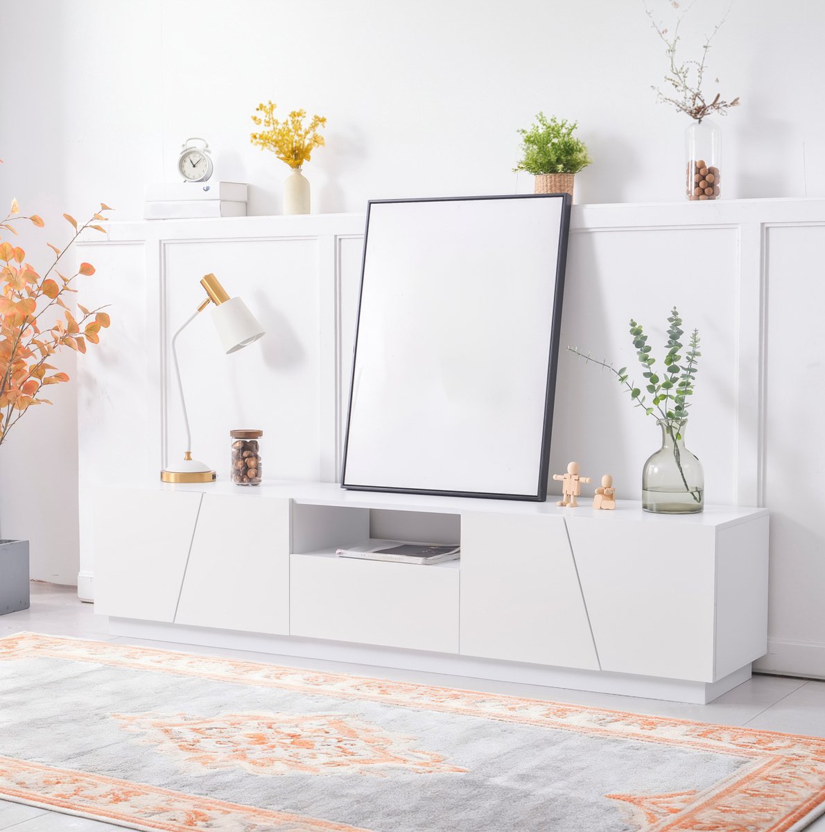 COVREO TV meubel 170x37x42 cm wit, MDF met 4 deuren en open vakken