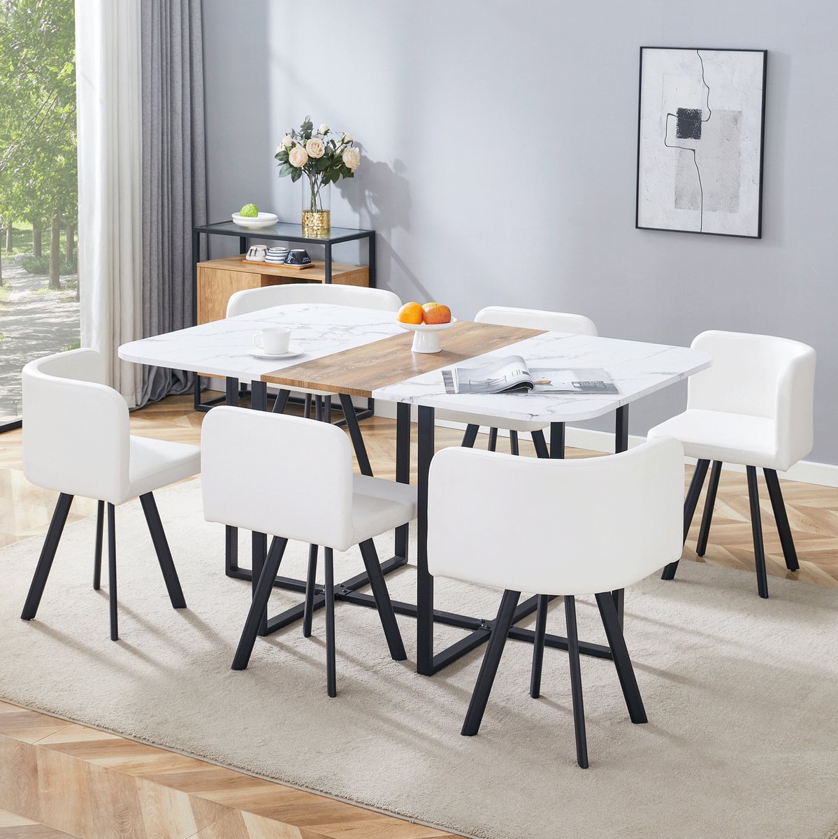 MODENUIT Set Tafel En Stoelen 150 x 100 cm - Uitschuifbare Eettafel Met 6 Stoelen - Keuken - Hout Metaal Wit