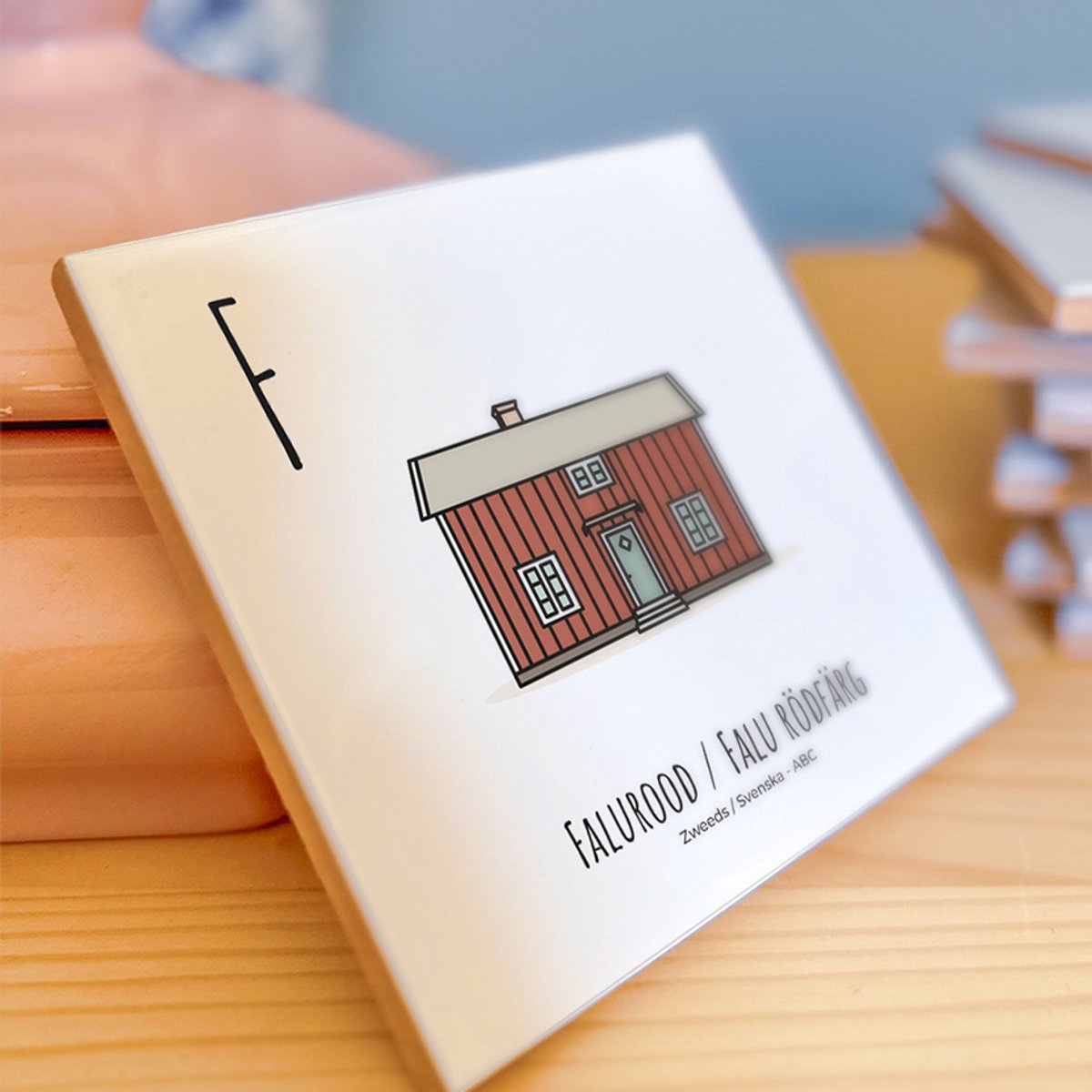 Falurood / Falu rödfärg - ABC tegeltje Zweden-Sverige - Keramiek met Handgetekende Illustratie - Wanddecoratie - Woondecoratie - Relatiegeschenk - Souvenir - 10,8 x 10,8 cm