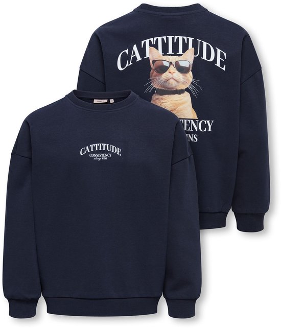 Donkerblauwe sweater, voorkant met witte opdruk 'CATTITUDE CONSISTENCY always WINS', achterkant met kat met zonnebril.