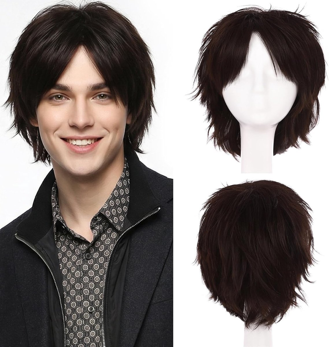 Unisex Korte Gladde Cosplay Peruk voor Anime Kostuums en Feestjes - Donkerbruin Haar voor Halloween en Theatrale Optredens