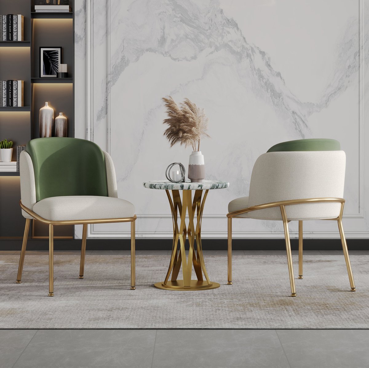 MIVRAY Eetkamerstoel Set Van 2 - Moderne Stoel Met Schuine Poten En Verstelbare Voetjes - Voor Eetkamer En Open Ruimte - Kunstleer Metaal - Groen Beige Goud