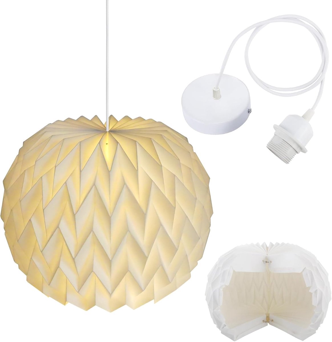 SnelShoppen - Paper Lampenkap Origami Lampenbollen Design met E27 Lampenhouder en Kabel, Moderne Wit Papieren Lamp voor Woonkamer, Eetkamer, Slaapkame