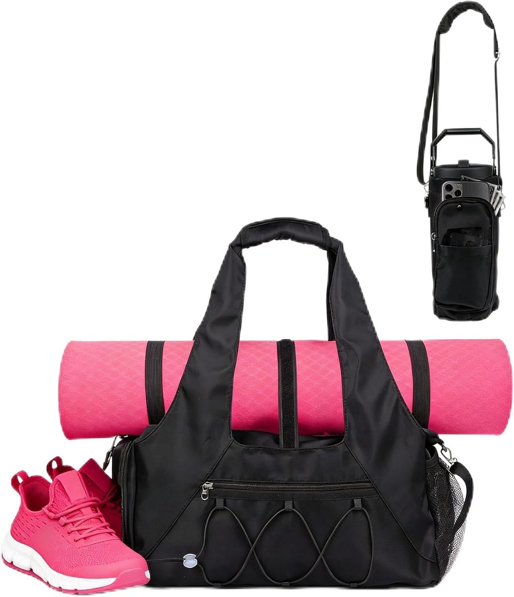 SnelShoppen - Sporttas voor dames met waterfles, grote reistas met schoenenvak & natvak, workout-yoga draagtas, yogatas vrijetijdshandtas zwemtas zwar