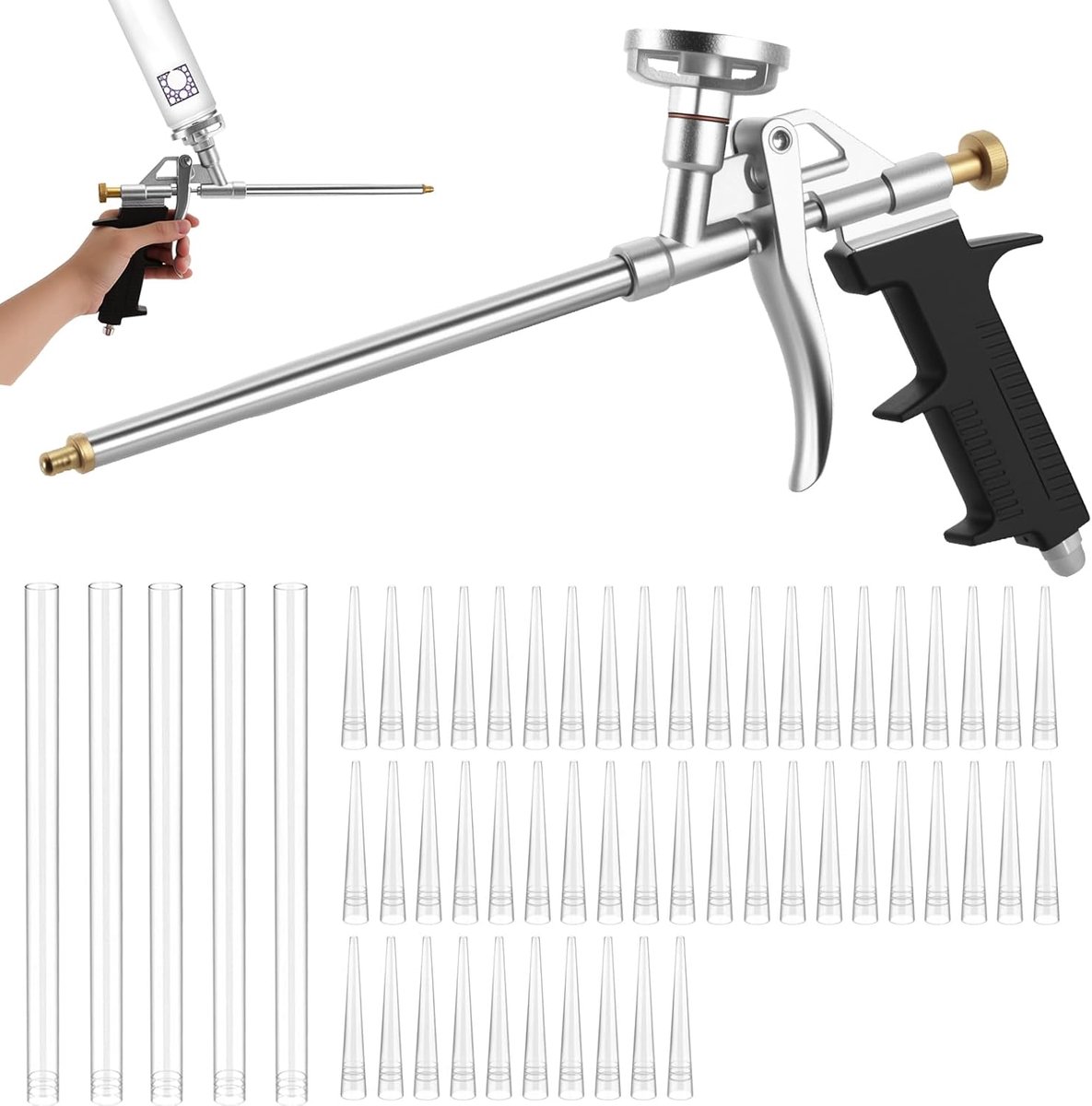 SnelShoppen - PU Foam Gun Set van 2 - Professionele Metaal Constructie Schuimspuit met 5 Lange en 50 Korte Mondstukken - Ideaal voor Sealen en Vullen