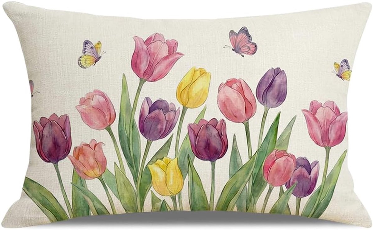 SnelShoppen - Bloem Kussenhoes 30x50cm Lente Zomer Wilde Bloemen Kussenhoes Wasbare Linnen Bloemen Vlinders Kussenhoes voor Bank Thuis Decoratie