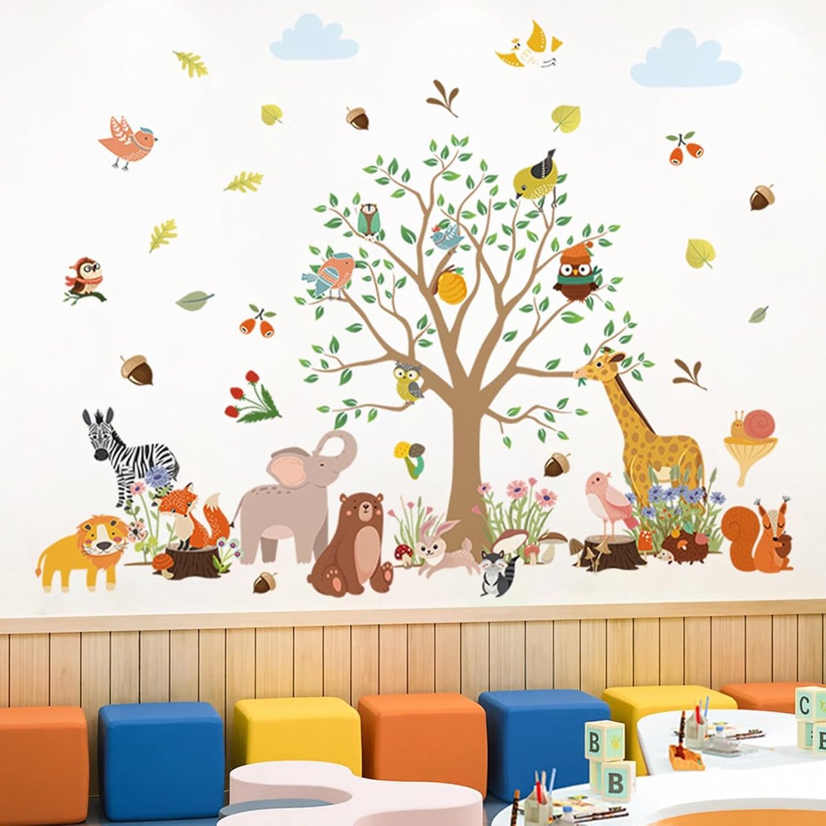 SnelShoppen - Muurstickers jungle dieren 2 stuks - Olifant, giraf, leeuw, aap, zebra, uil - Vinyl, afneembaar, waterdicht - Wanddecoratie babykamer, s