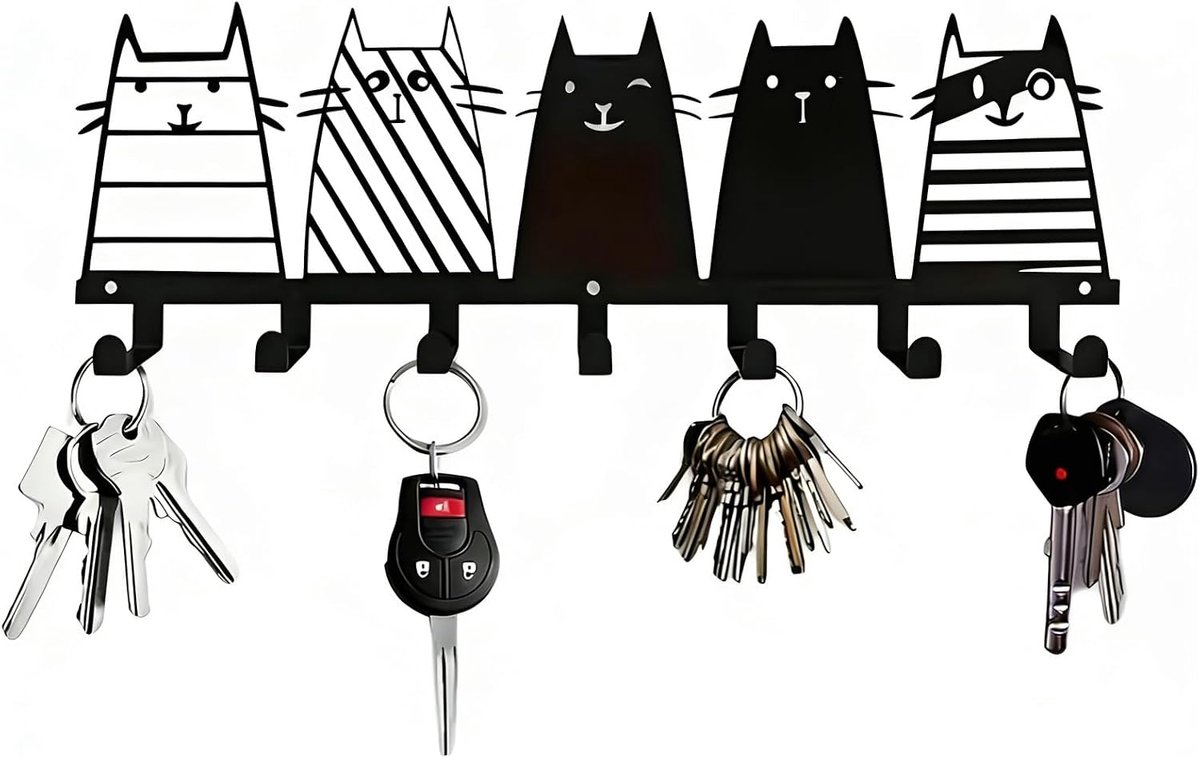 SnelShoppen - Sleutelhanger met 7 Haken van Robuust Zwart Metaal, Grappig Kattendesign voor Entree, Hal, Keuken, Slaapkamer, Woonkamer, Badkamer, Kant