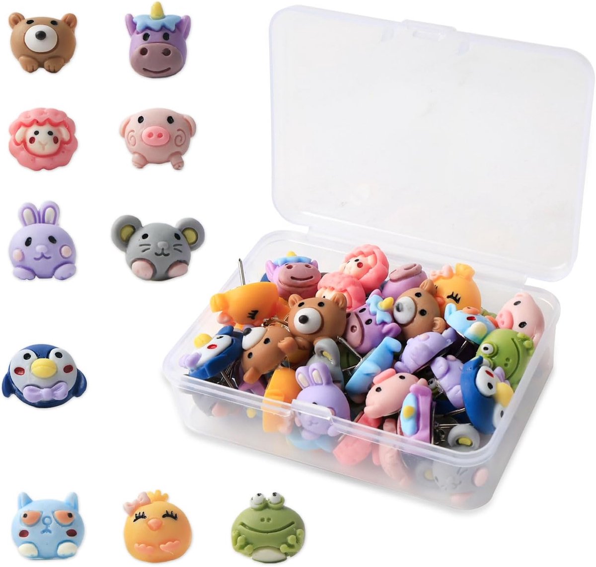 SnelShoppen - 50 Dieren Pushpins - Kleurige Dieren Pins voor Bulletins, Cork Boards & Wanddecoratie - 10 Ontwerpen - Veilige Opslagbox - Perfect voor