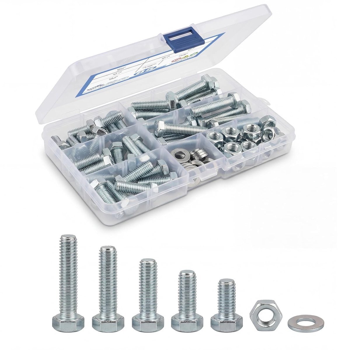 SnelShoppen - 85-delig M8 Schroeven Set, Hex Schroeven met Moeren en Onderleggers, Assortiment voor Machinebevestiging, Hoogwaardige Gegalvaniseerde S