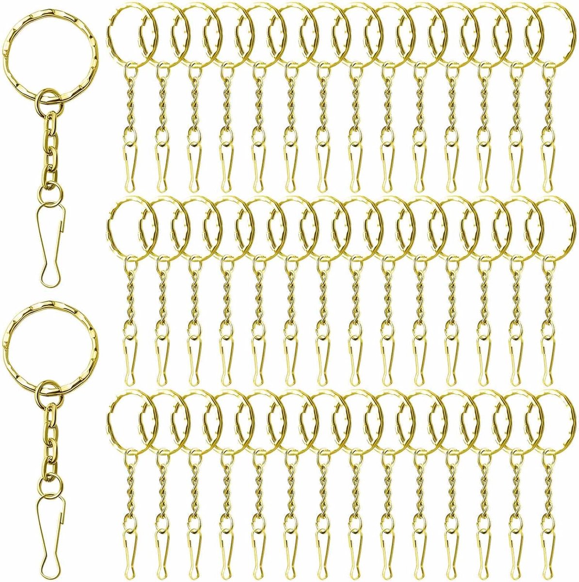 SnelShoppen - Sleutelringen met ketting en karabijnhaak, gouden sleutelhangers met golfpatroon, 50 stuks, metalen sleutelhouders voor doe-het-zelf han