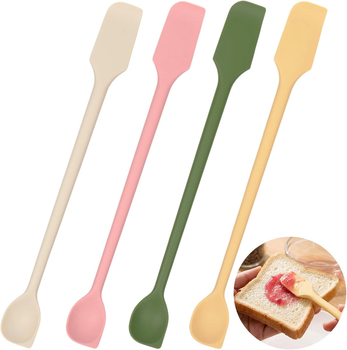 4 stuks keukengerei, 26 x 2,8 cm, deegschraper, siliconen dubbele kop, kooklepelset & deegspatel, kooklepel van siliconen en spatel voor smalle flessen, jam, beauty-lotion (4 kleuren)