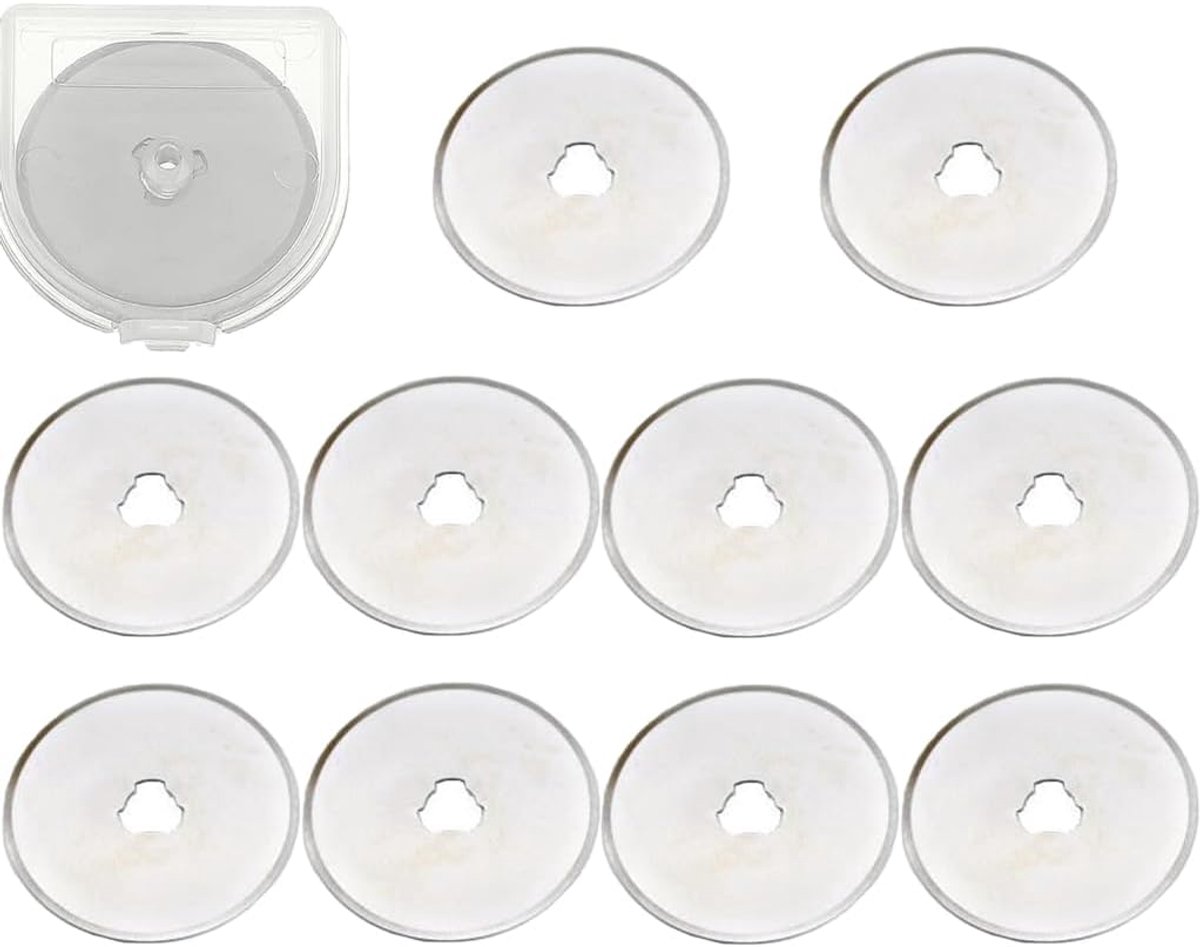 11 stuks reservemessen 45 mm voor rolsnijderset inclusief 1 opbergdoos en 10 afzonderlijke ronde messen van roestvrij staal, roterende snijder, stofsnijder, rolsnijder voor stof, leer, papier naaien