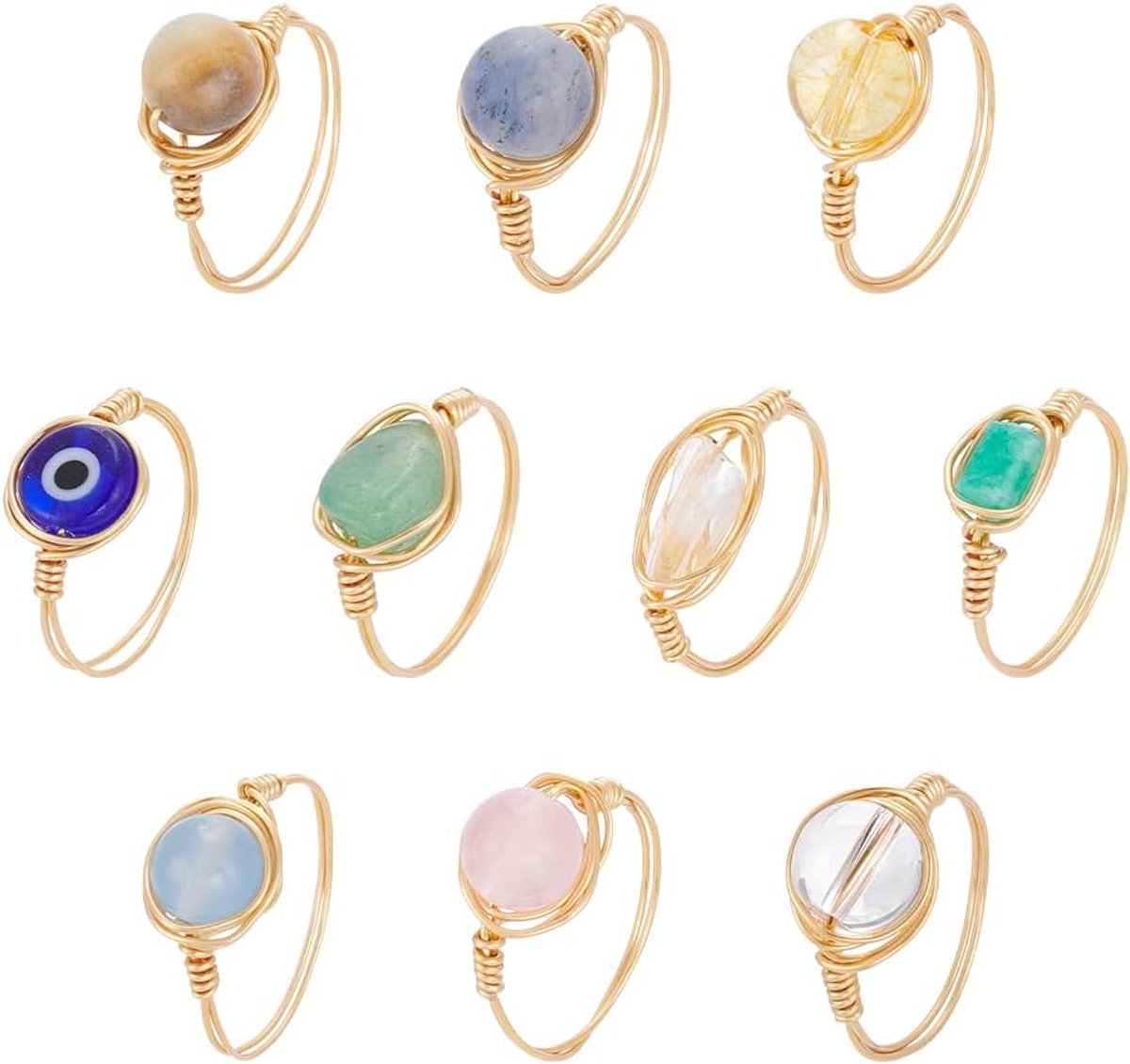 Ringen voor dames, verstelbare edelsteenringen, omwikkeld met koperdraad, onregelmatige kleurrijke edelsteenring