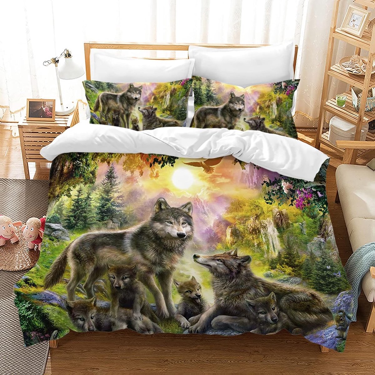 Kinderbedlinnen 135 x 200 cm - Wolfprint - Microfiber dekbedovertrek - Zacht en ademend voor een warme slaap - ShopVlot