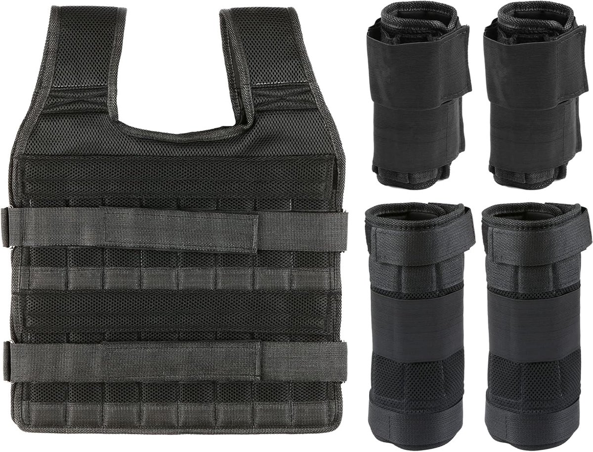35 kg vest met 6 kg beengewichten en 5 kg armen, verstelbaar trainingsvest met 32 zakken, netweefsel, schokabsorberende schouderbanden, duurzaam