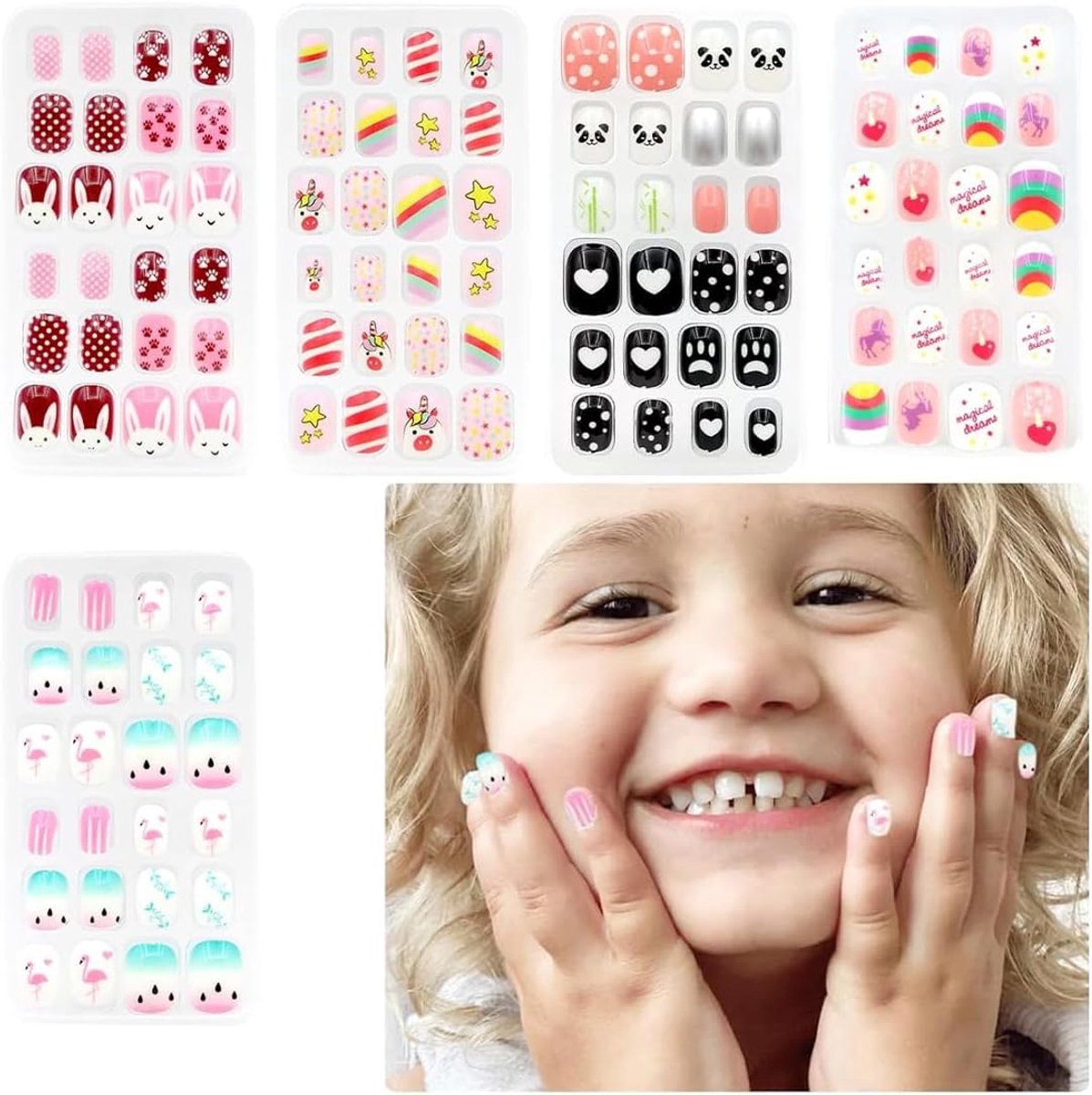 Nail Set Kids120 Zelfklevende Nails in 5 Ontwerpen12 Maten, Kunstmatige Nails Kids Girl Set, Fingernagels om Kids voor DIY Nail Art te plakken