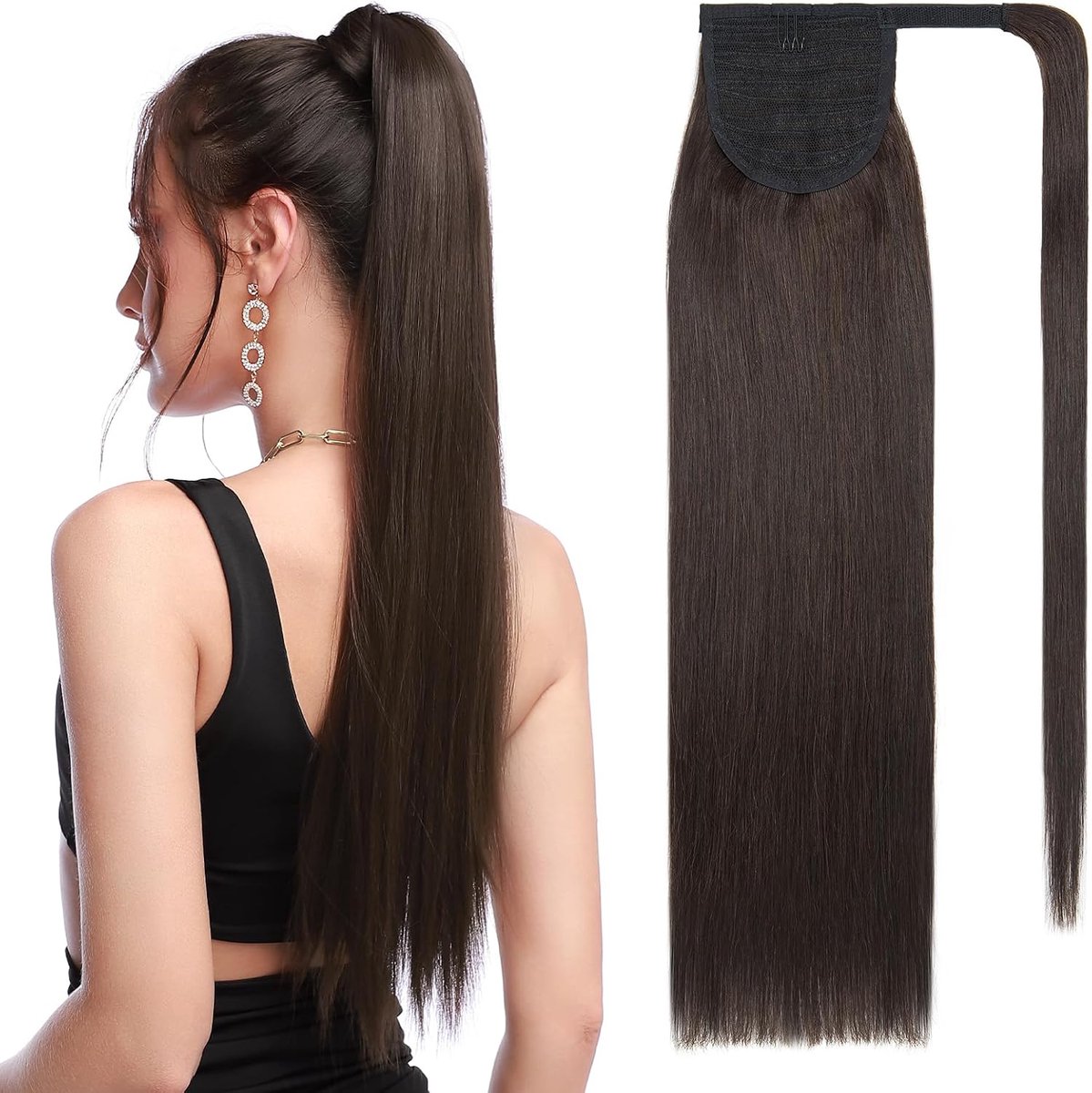 paardenstaart haarstuk Echthaar extensions vlecht 14"(35cm) clip in extensions Echthaar lang glad echte haren extensions Echthaar Remy natuurlijk zwart-80g