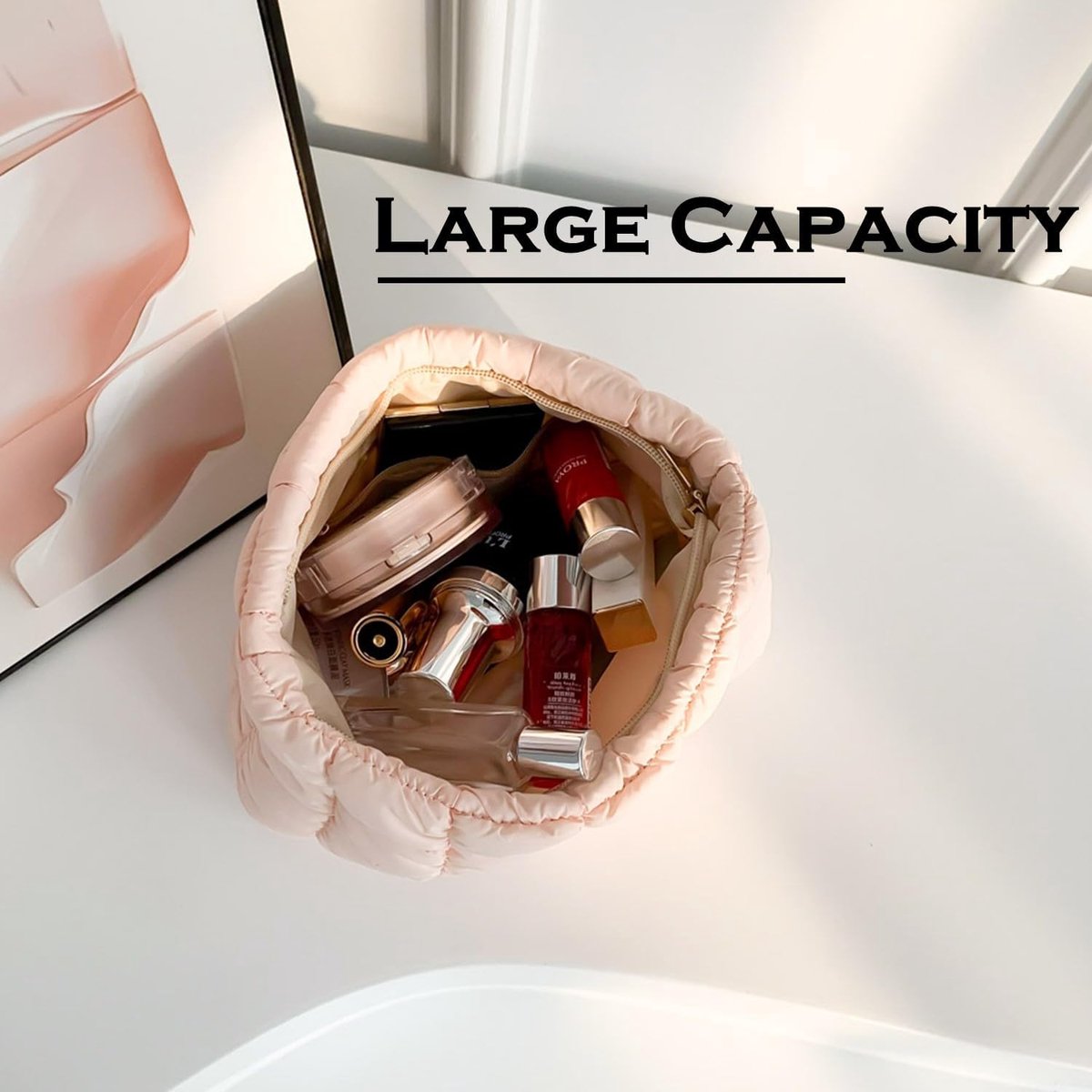 gewatteerde make-uptas, cosmetische tas, reistoilettas organizer tas, clutch voor vrouwen, roze, Gezwollen gewatteerde make-uptas (Roze)