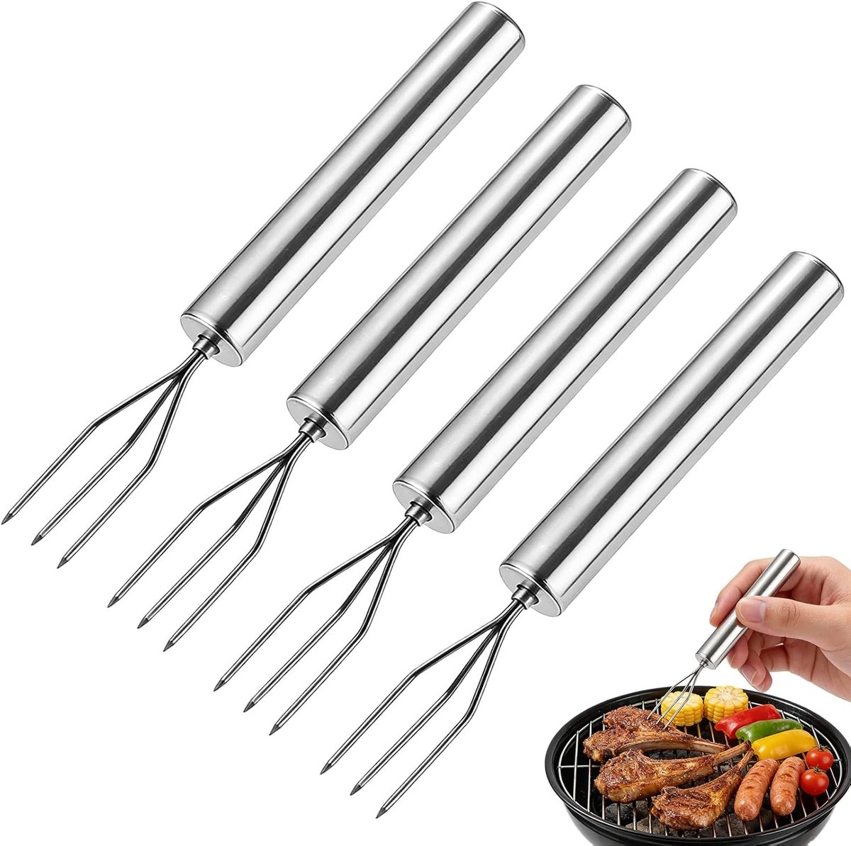 Set van 4 RVS Aardappelvorken (14cm) - Herbruikbare Maïsklevers en Vleesvorken, Geschikt voor Schillen, Grillen en Kamperen