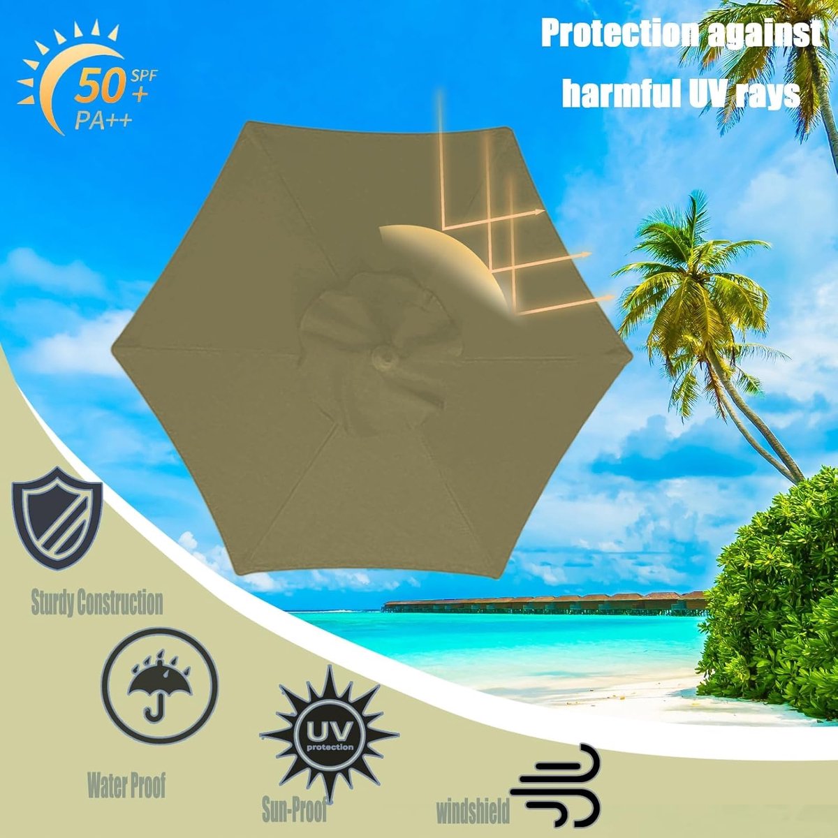 Parasol, reservehoes, 3 m, waterdicht, tuinparasol met zonneklep, uv-bescherming, reserveluifel voor 6 stutten, reserveluifel voor buitenparasols