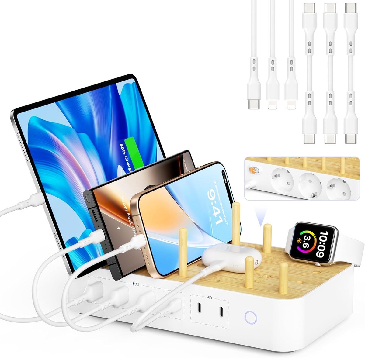USB-C Multi-Device Oplaadstation, 60W 6-poorts oplaadstation met 3 stopcontacten, 3 USB C, 3 USB A, voor telefoon, iPad, tablets (6 gemengde kabels inbegrepen), Wit
