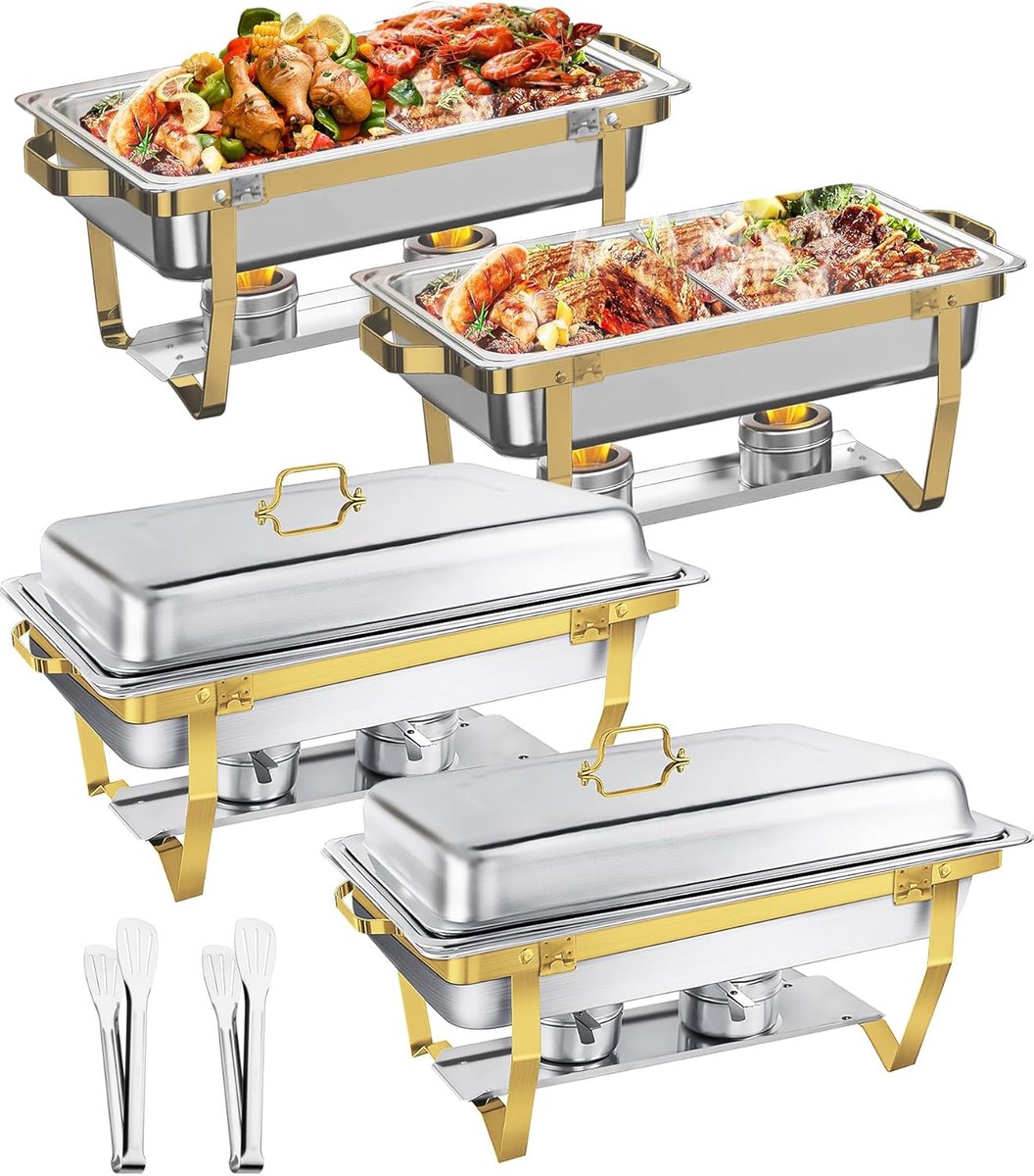 Dish Buffet Set 9L [Elegant Goud en Zilver], 4-Pack Gouden Chafing Dishes voor Buffet [Afgeronde Rand Design], RVS Voedselwarmer voor Catering Buffet en Alle Feesten