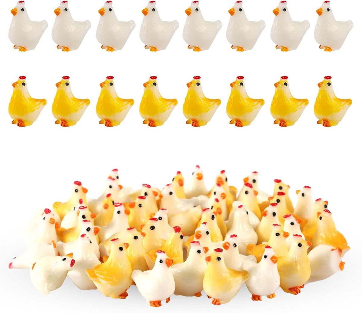 30 Stuks Miniatuur Hars Kippen, Mini Hars Kippen Kleine Kip Ornamenten Decor voor Tuin Landschap Huisdecoratie & Feesttaart Hoofdbanden DIY (15 Geel en 15 Wit)
