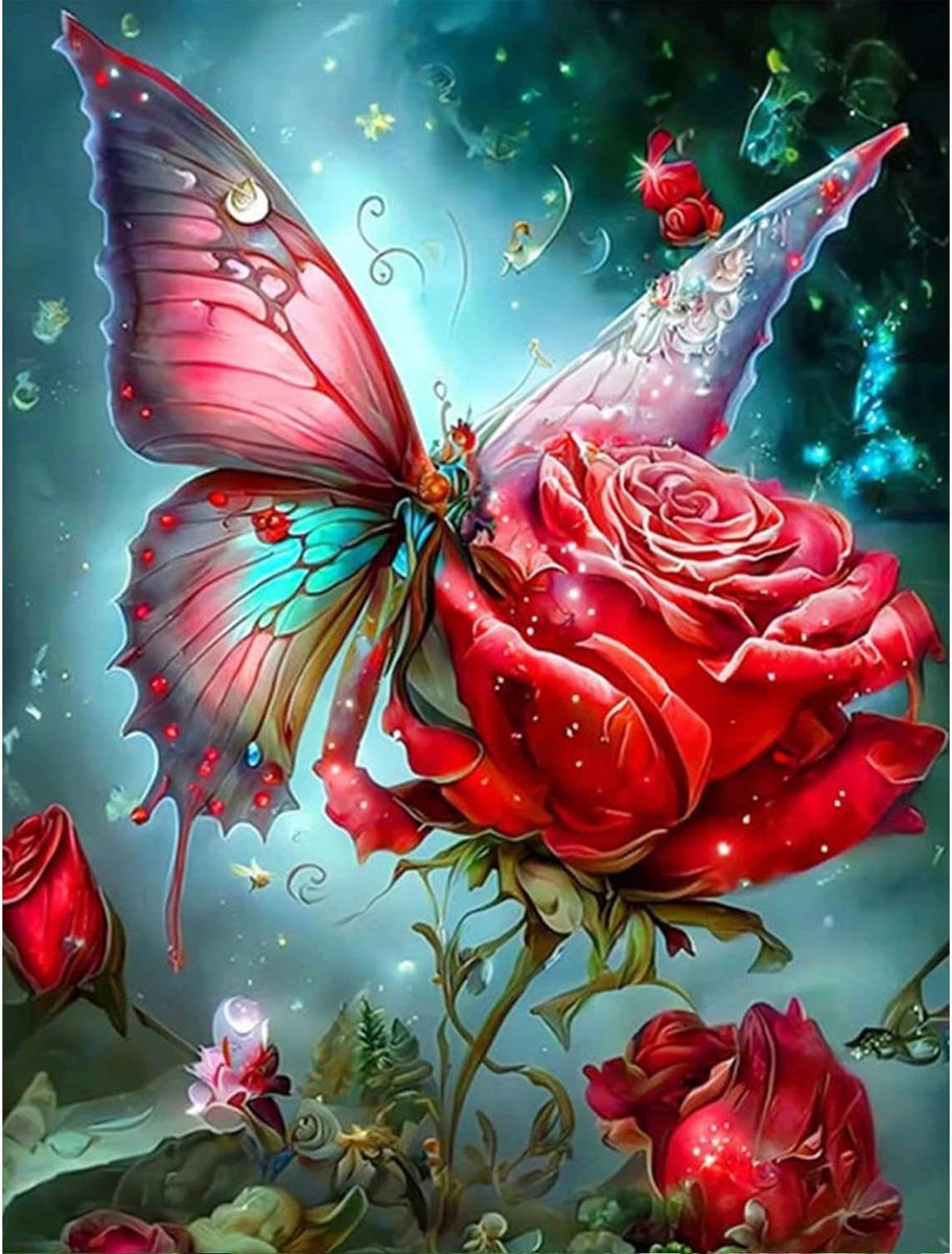 5D Vlinder Diamond Painting, DIY Rose Schilderij Borduurwerk Diamant Schilderij Volledige Kit, DIY Bloemen Diamant Handwerk Strass Kruissteek Schilderij voor Volwassenen Kinderen 30x40cm