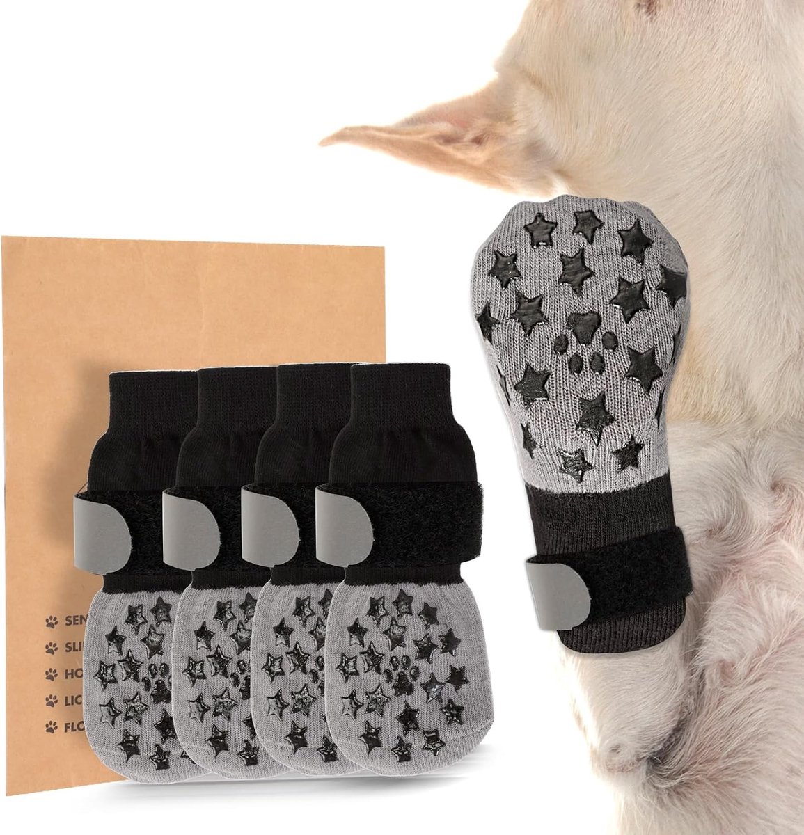 Antislip hondensokken, set met 4 pootbeschermers voor middelgrote en grote maten, met verstelbare reflecterende banden, ideaal voor binnen en buiten, maat L