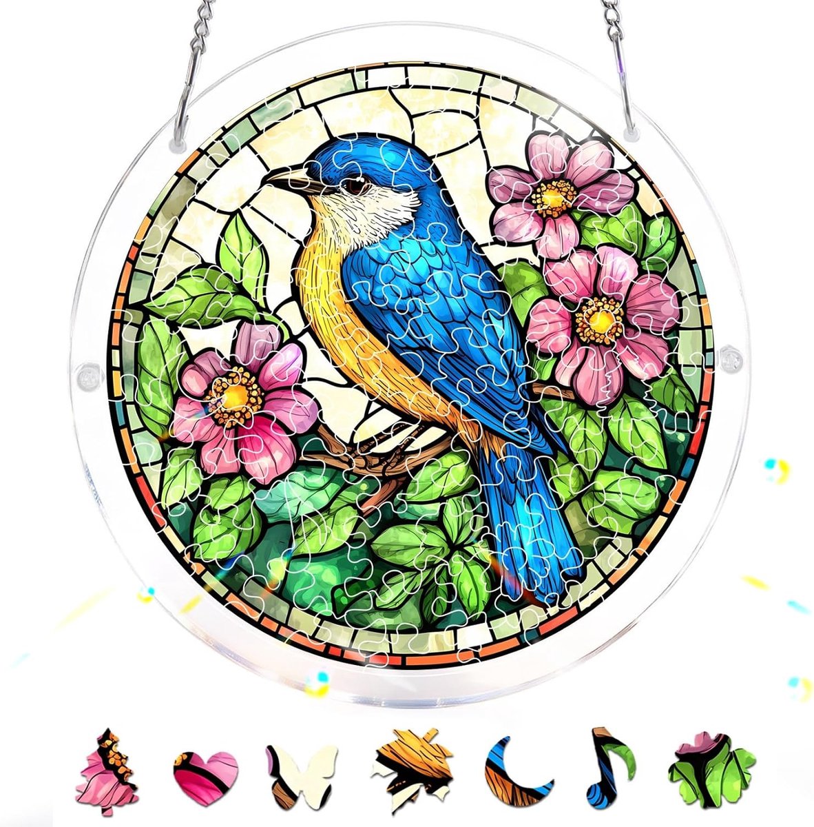 83-Delige Acryl Puzzel-Zonnvanger –Blauwe Vogel Raamhanger in Glas-in-Loodstijl, Creatief Moederdagcadeau, Zonnvanger-Decoratie Voor Tuin & Huis, Verjaardagscadeau, 18x18 cm A139