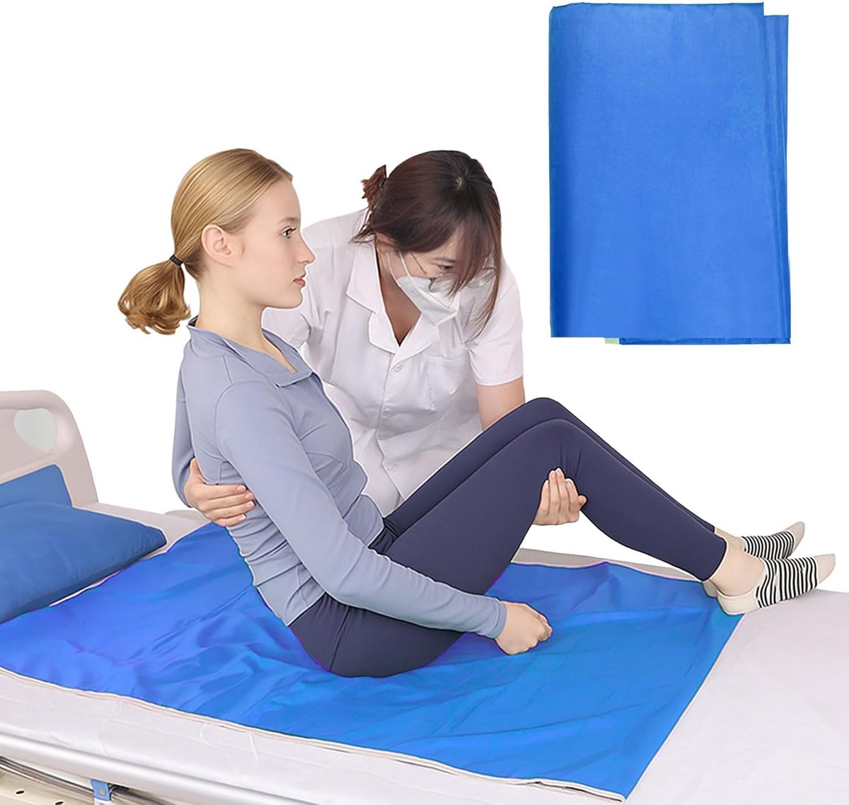 Glijdoek voor bedlegerigen, 75 x 115 cm, patiëntenglijdoek, om te draaien, verplaatsen en positioneren van ouderen, voor thuisverzorging, ziekenhuizen, transferhulp - blauw