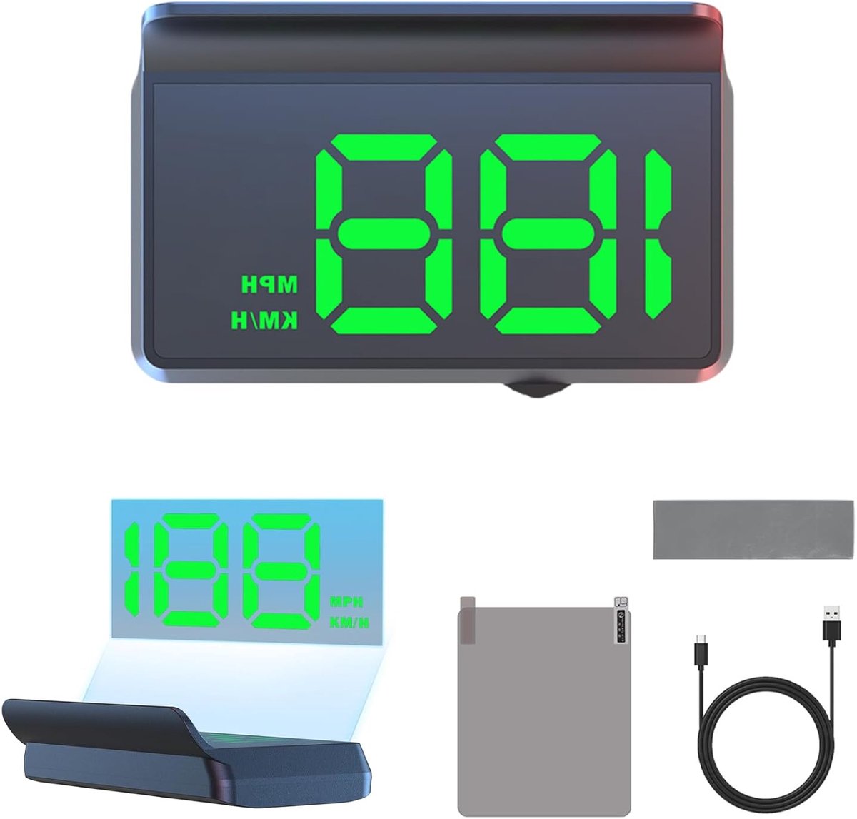Hoofddisplay voor hoge auto, 9 cm, GPS-snelheidsmeter, USB, plug-and-play, universeel display met motorkap voor alle soorten voertuigen (groen lampje)