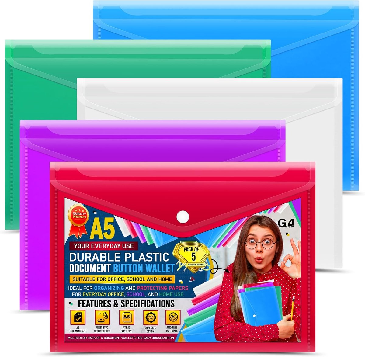 A5 plastic documentenportefeuilles met drukknop, 5 stuks, diverse kleuren, waterdicht, duurzaam en transparant, A5-bestandsmappen voor school, kantoor, thuis en op reis