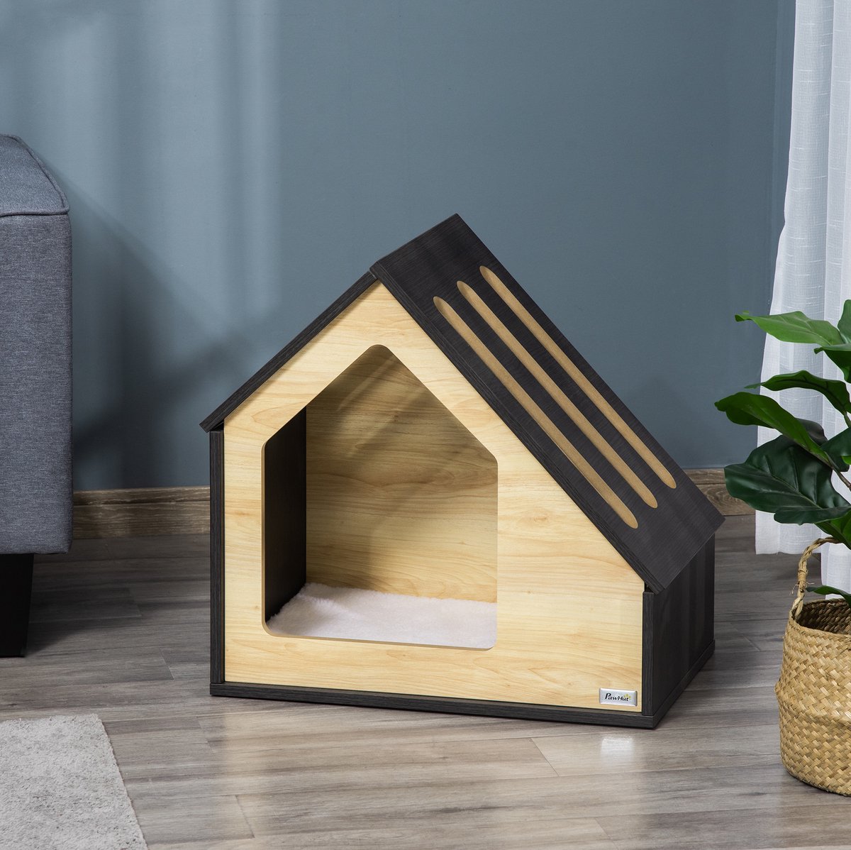 COVREO Dierenhuis 60 x 40 x 59,2 cm bruin, hout met kussen voor kleine honden