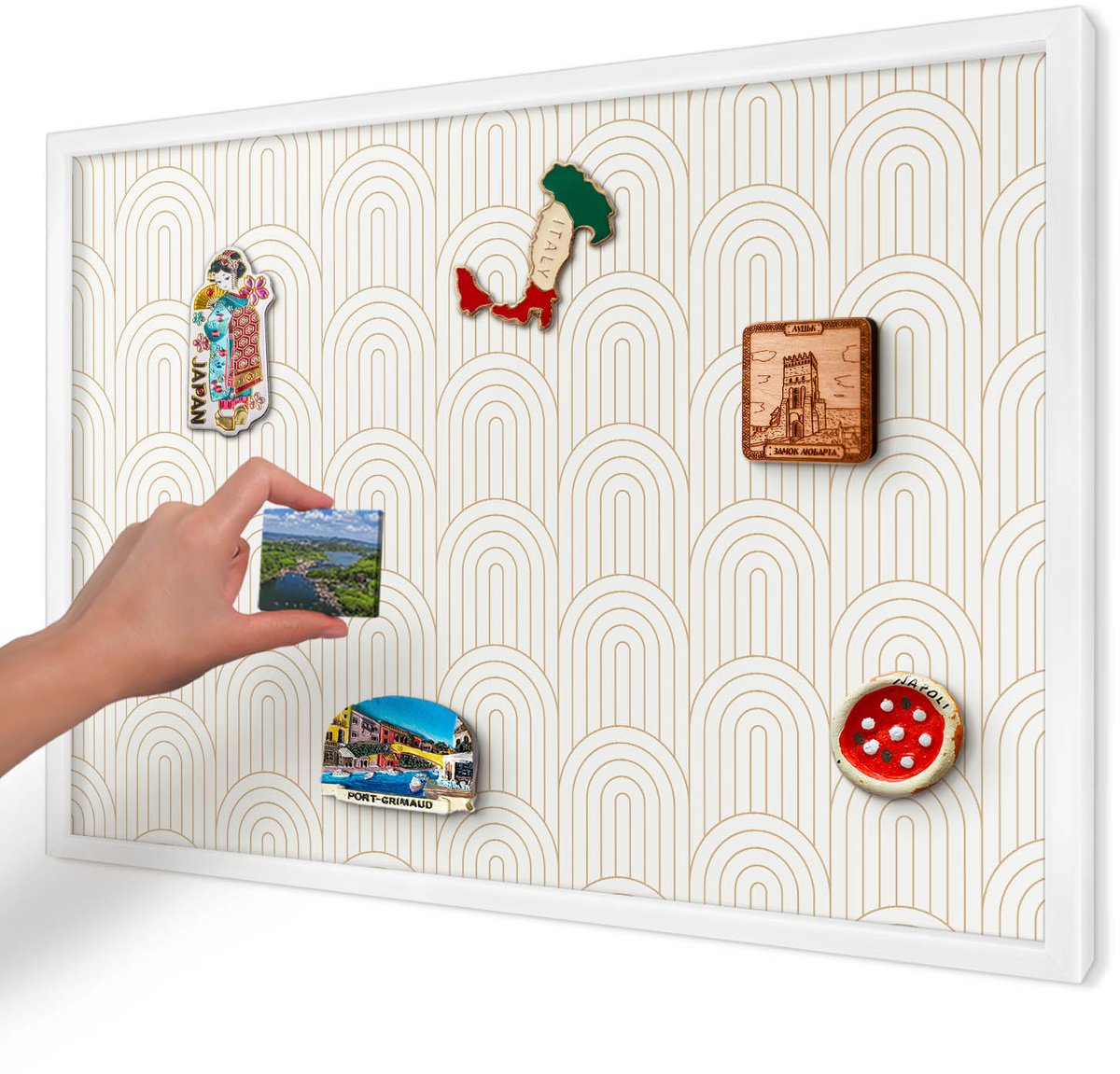 Artprintcave Beige Magneetbord mit Witte Lijst - 60x40 cm - Artistieke Bogen Magneetbord Voor Foto's - Geometrische Memobord Keuken - Achtergronden En Patronen