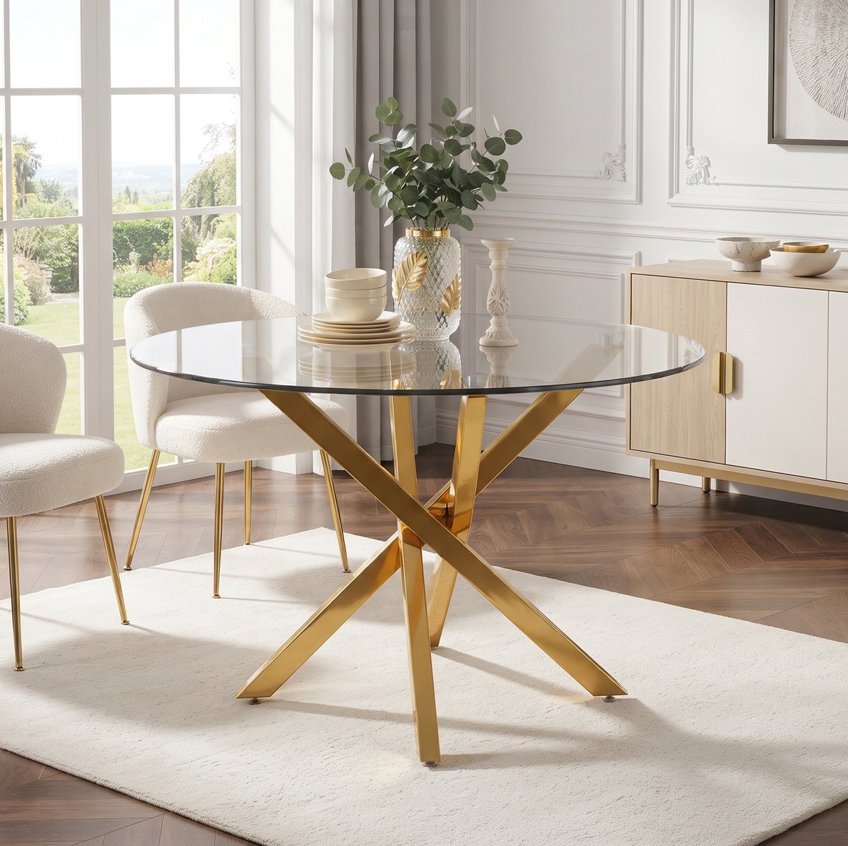 FloraGrace Eettafel - Ronde Glazen Tafel Met Gouden Metalen X-Poot - Modern Voor Eetkamer En Keuken - Glas En Metaal - 80x80x75 Cm