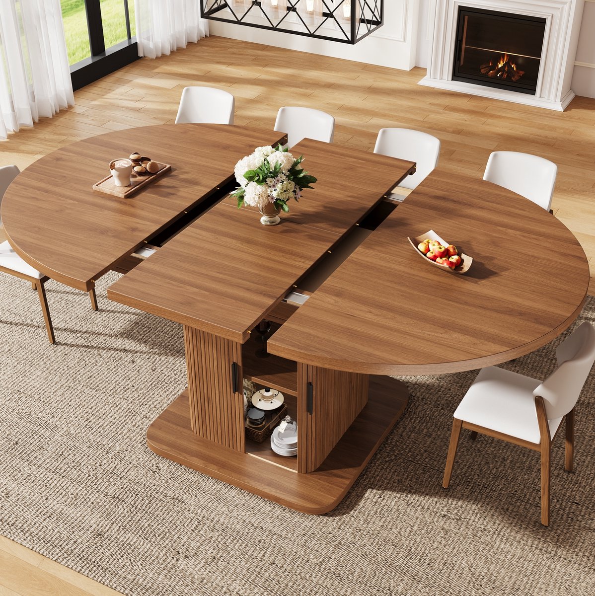 FloraGrace Eettafel - Uitschuifbaar Ovaal Design Met Opbergruimte En Schuifdeuren - Voor Eetkamer - MDF En Metaal - 149,8x110x75 Cm - Hout