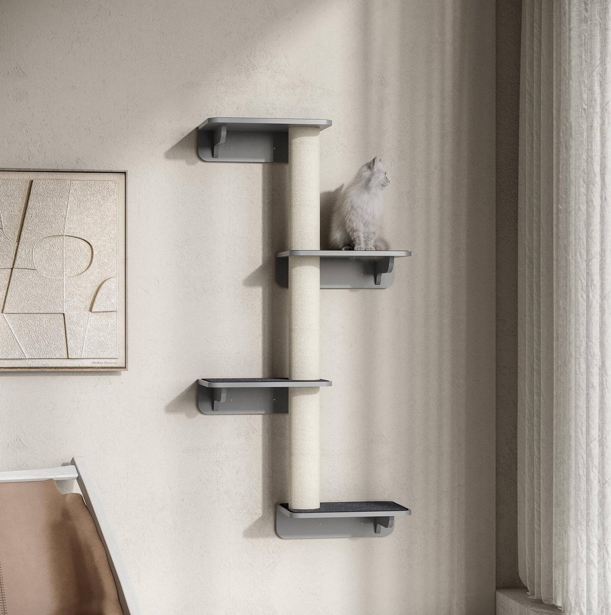 COVREO Klimmuur 66 x 28 x 137 cm, lichtgrijs, MDF, 4 niveaus met krabstam