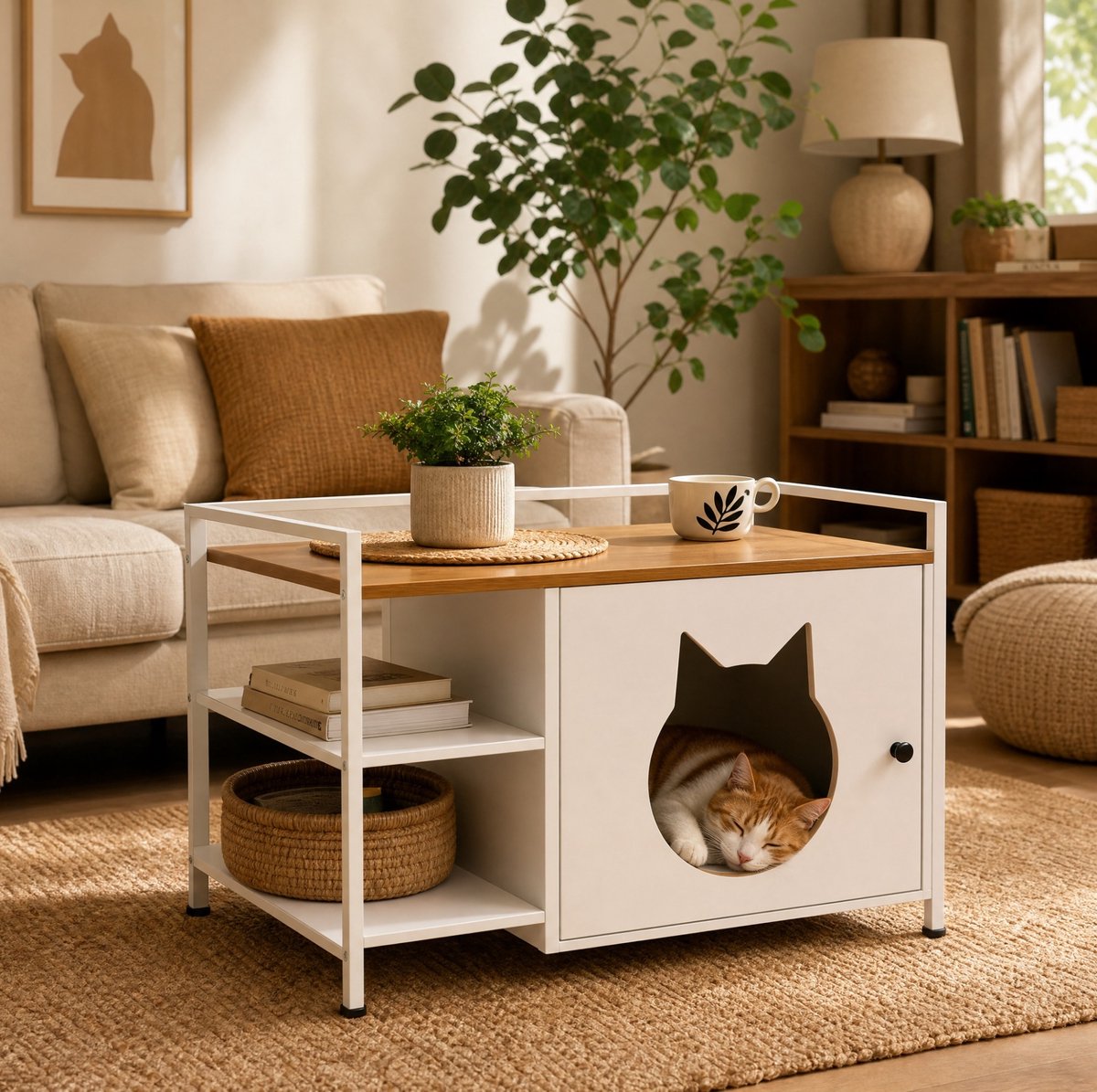 FloraGrace Kattenmeubel Kast Met 2 Open Planken En Opbergruimte Voor Kattenbak Of Slaaphokje Voor Woonkamer En Slaapkamer MDF Metaal Wit Licht Eiken