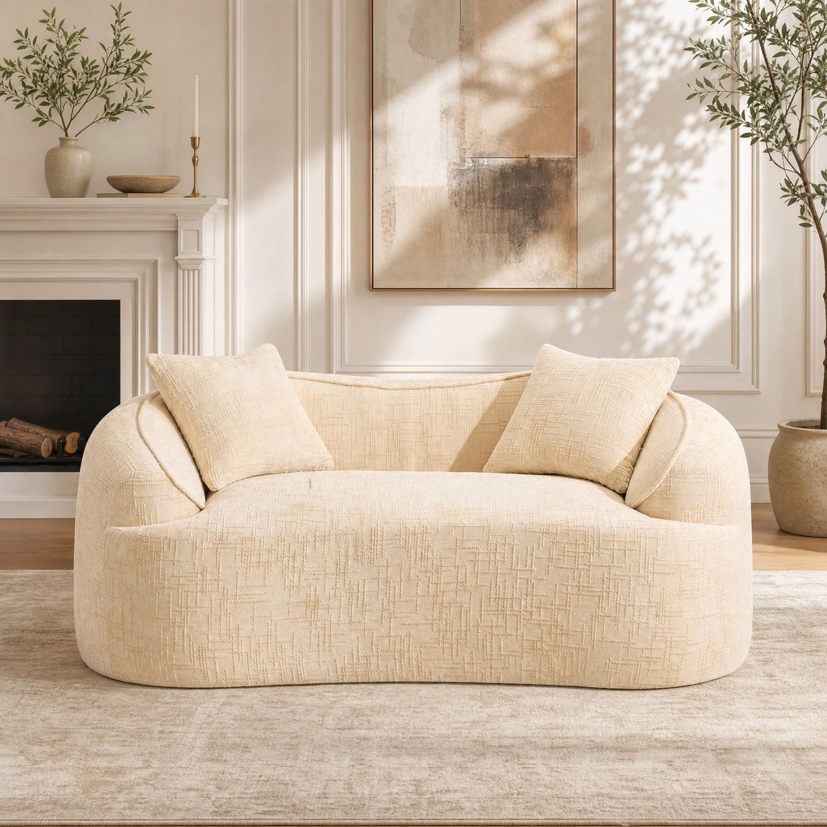MODENUIT Zitbank 170 cm - Gebogen 2-Zits Met Armleuningen En 2 Kussens - Schuim En Verenkern - Beige