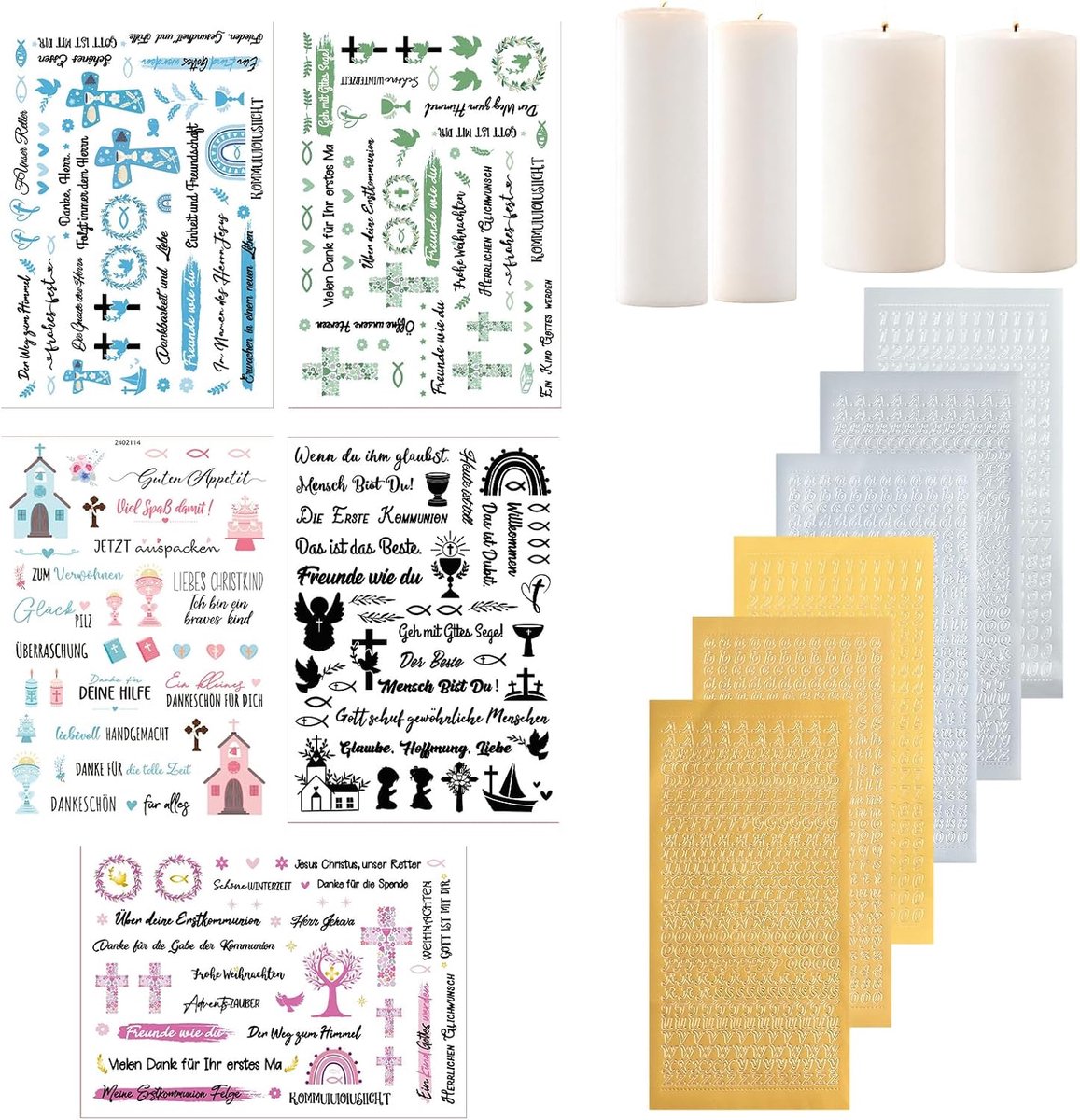 11-delige set doopkaars kaarsstickers en letterstickers, stickerset voor doop en communie, wasletters voor kaarsdecoratie en doop