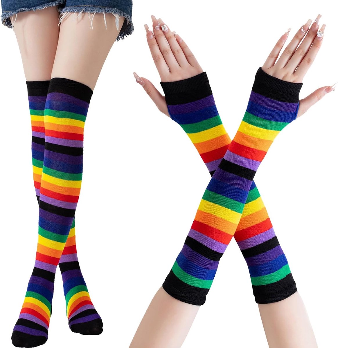 regenboogkousen voor dames en meisjes, sokken, lange sokken, volleybalsokken, sportsokken met vingerloze handschoenen, set voor feest, Halloween kostuums