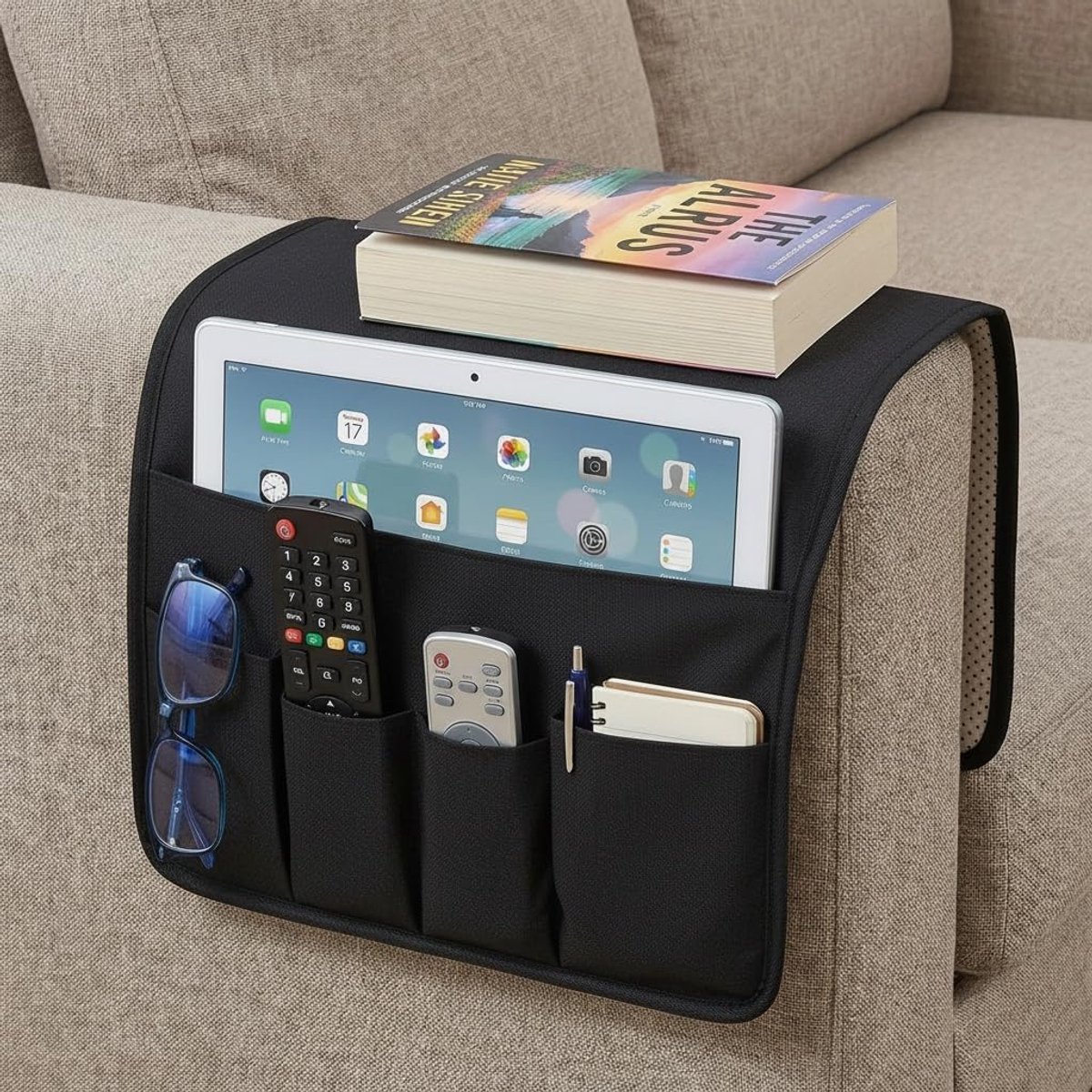 volumoon Sofa Armleuning-organizer, antislip, hangstoel, opbergtas, 5 vakken, voor mobiele telefoon, iPad, boek, tijdschriften, tv-afstandsbediening, tablets, bril (zwart)