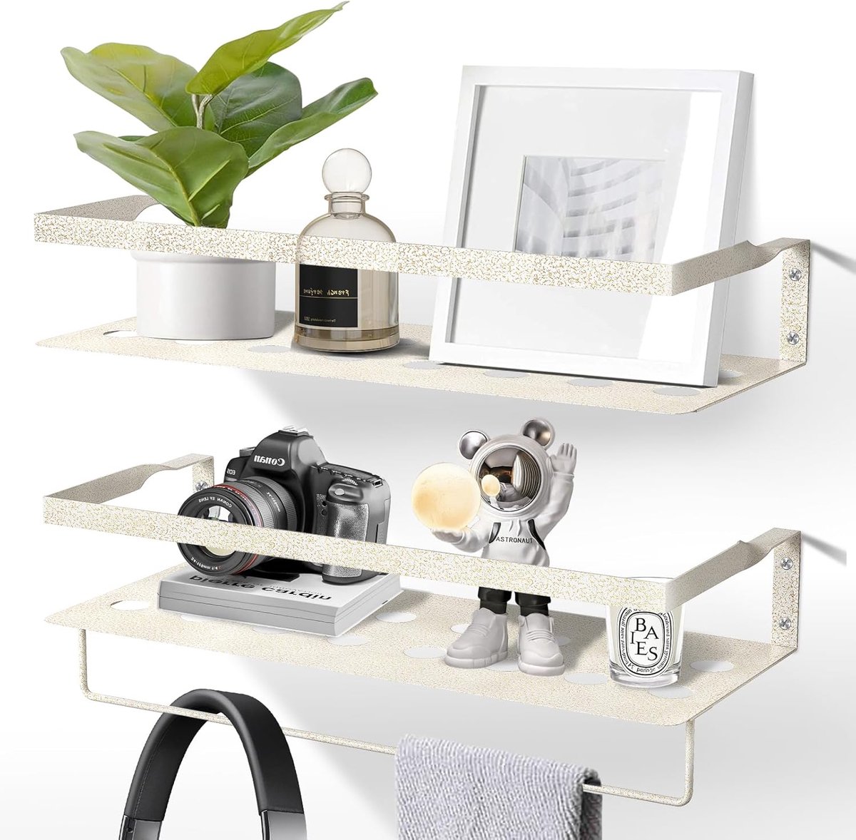 Zwevende planken, ijzeren wandplank met handdoekstang, wandophangorganizer, ijzeren planken, set van 2 voor slaapkamer, badkamer, woonkamer, keuken, kantoor, wasruimte