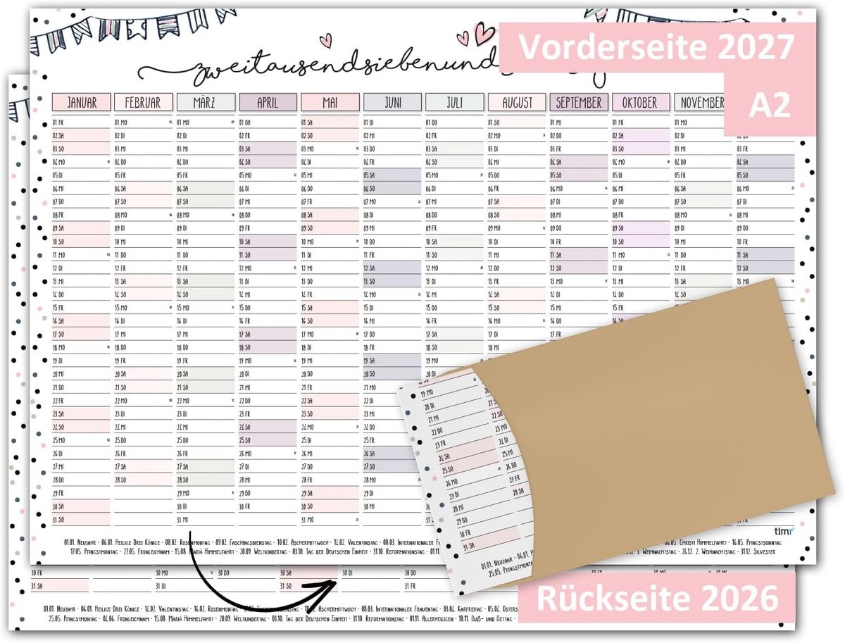 SnelShoppen - Wandkalender 2026 en 2027 Dubbelzijdig A2 - Modern Confetti Motief in Pastelkleuren - Jaarplanner met Feestdagen en Decoratieve Garlands