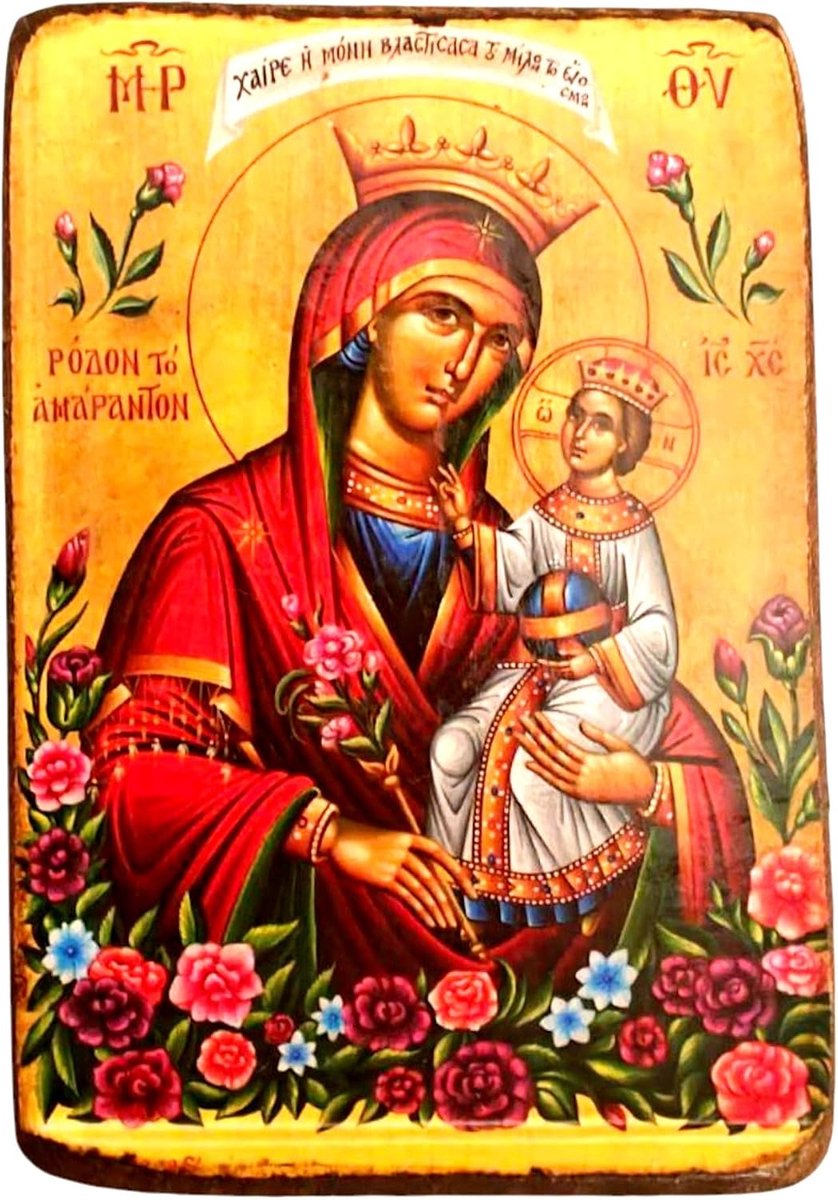 Handgemaakte Houten Grieks-orthodoxe Christelijke Hout Icoon van de Maagd Maria De Verwelkende Roos / A0