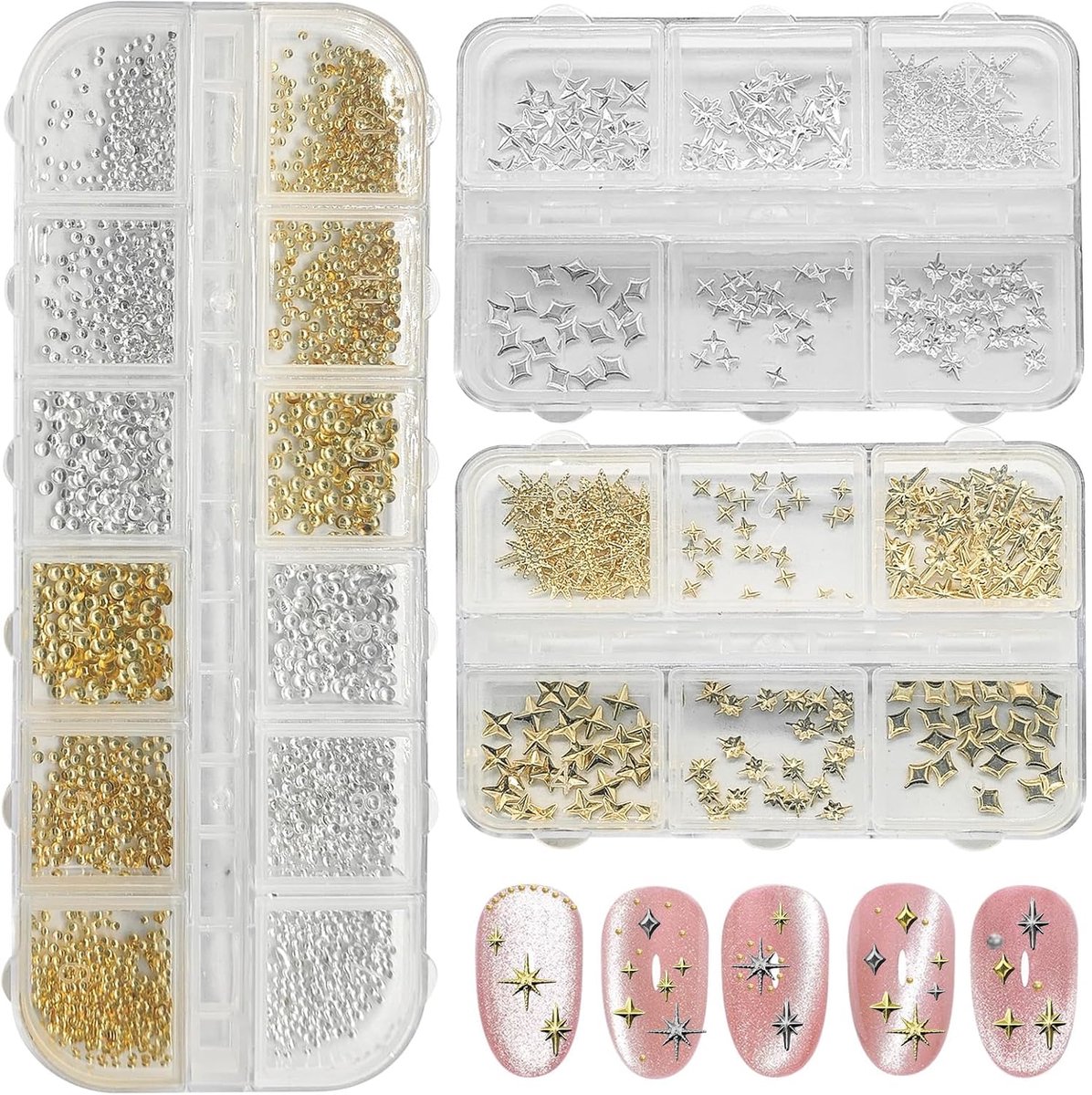 3400 pcs gouden en zilveren ster parels, gouden nagel ornamenten, nagel edelstenen levert accessoires, mooie ster vormige gouden nagel ornamenten, schattig.