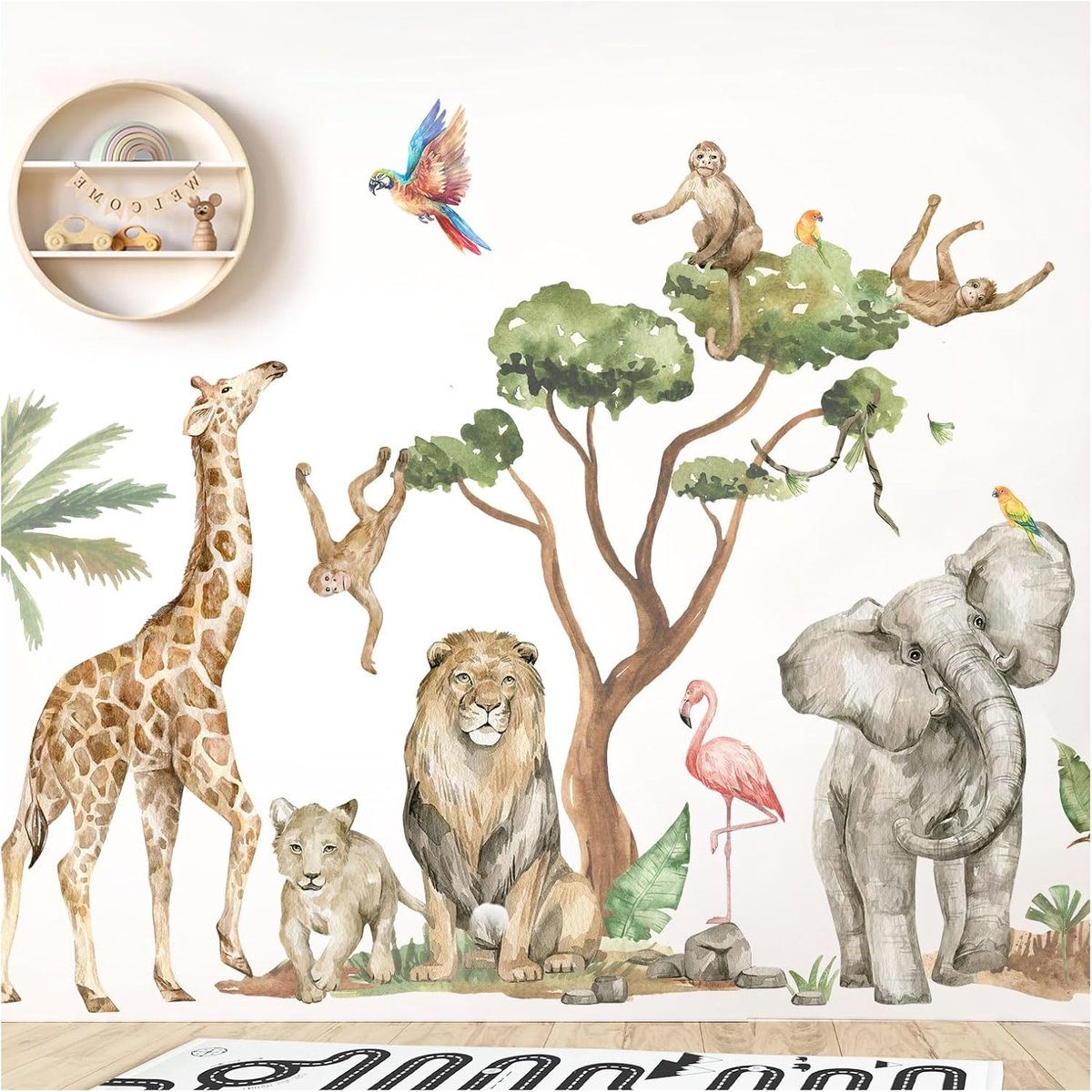 SnelShoppen - XXL Wandstickerset Jungle Dieren Muurstickers Kinderkamer Babykamer Safari Leeuw Zelfklevend 346x173 cm
