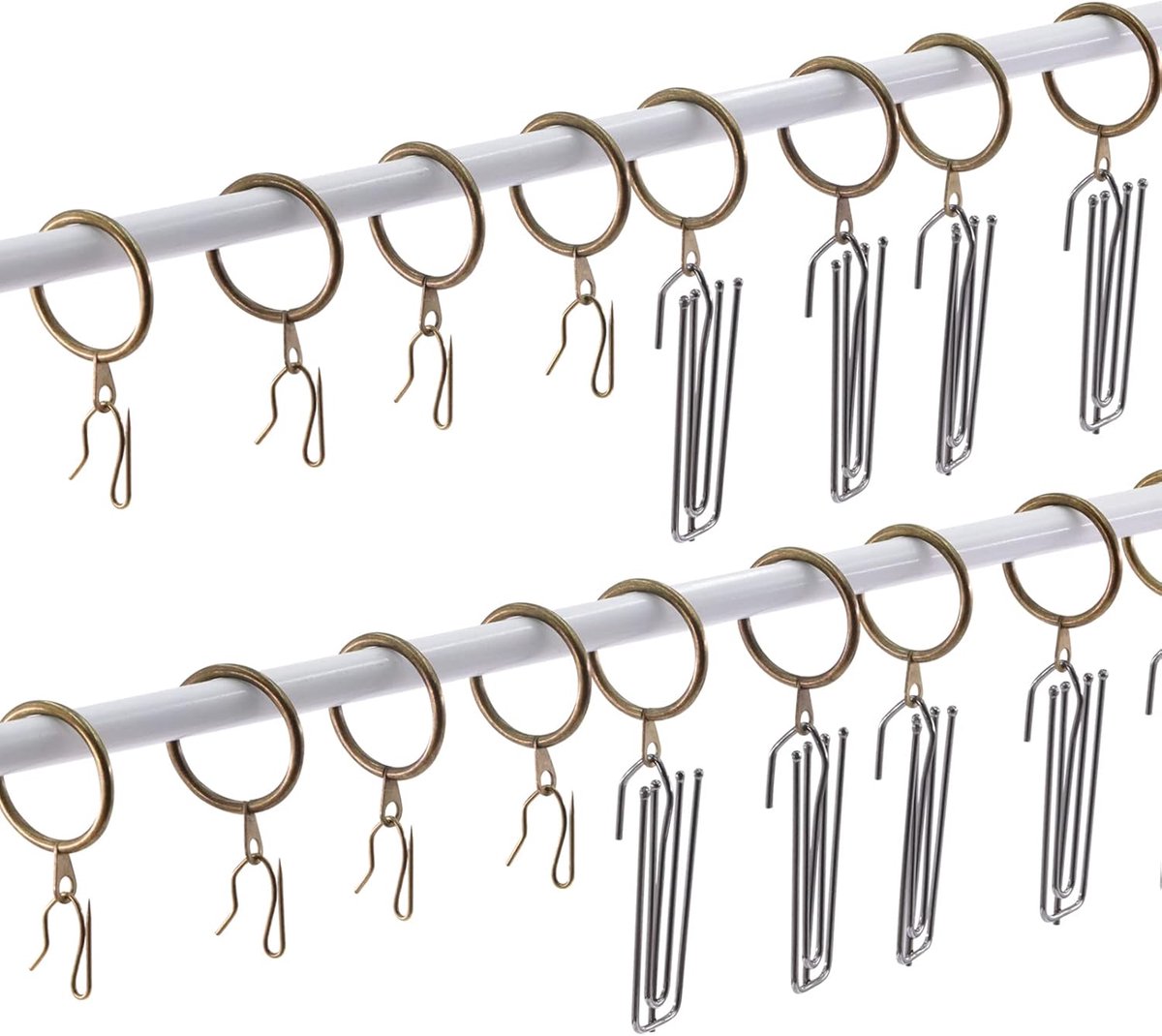 120 stuks bronzen metalen gordijnplooi haken pinnen ringen set, 30 mm ID gordijnroede ringen 4 tanden knijp traverse plooier tape eind ophang pin-on haken clips voor decoratieve douche raam